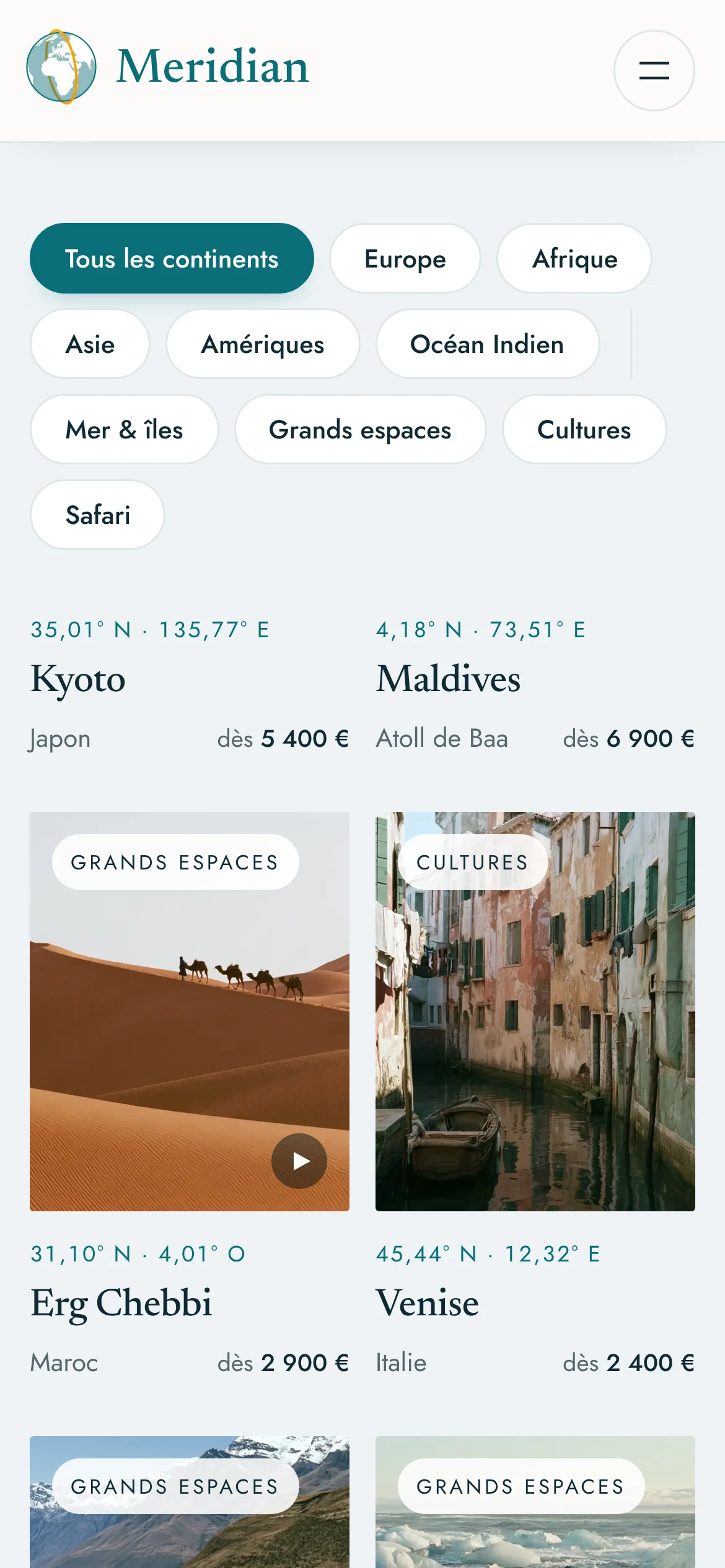 Meridian Voyages — Les douze destinations (téléphone)
