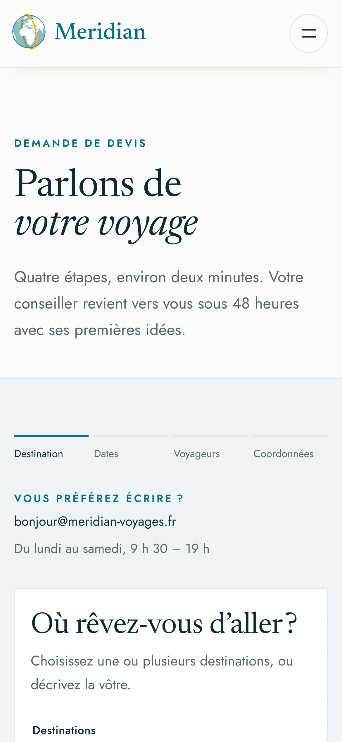 Meridian Voyages — La demande de devis (téléphone)