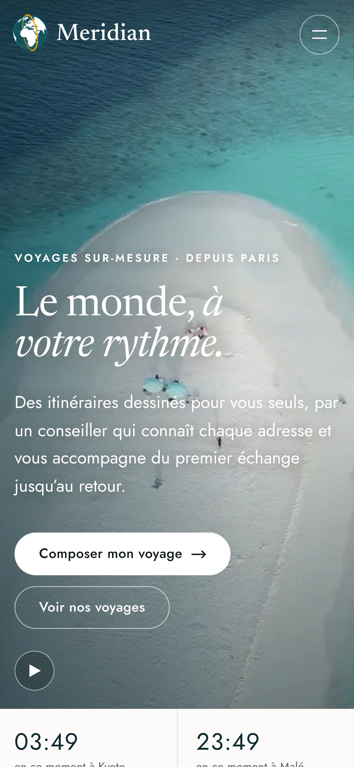 Meridian Voyages — Haut de la page d’accueil (téléphone)