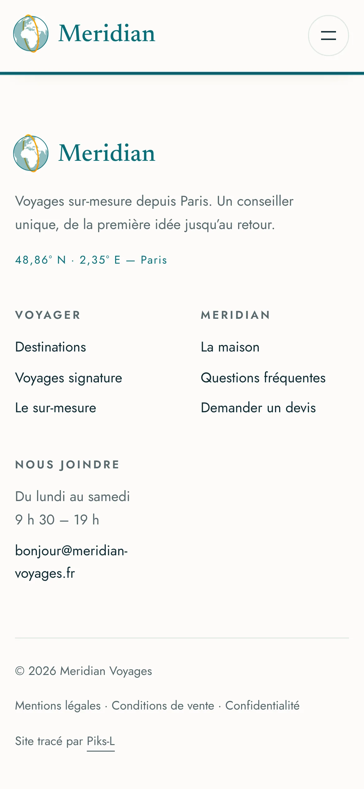 Meridian Voyages — Pied de page (téléphone)