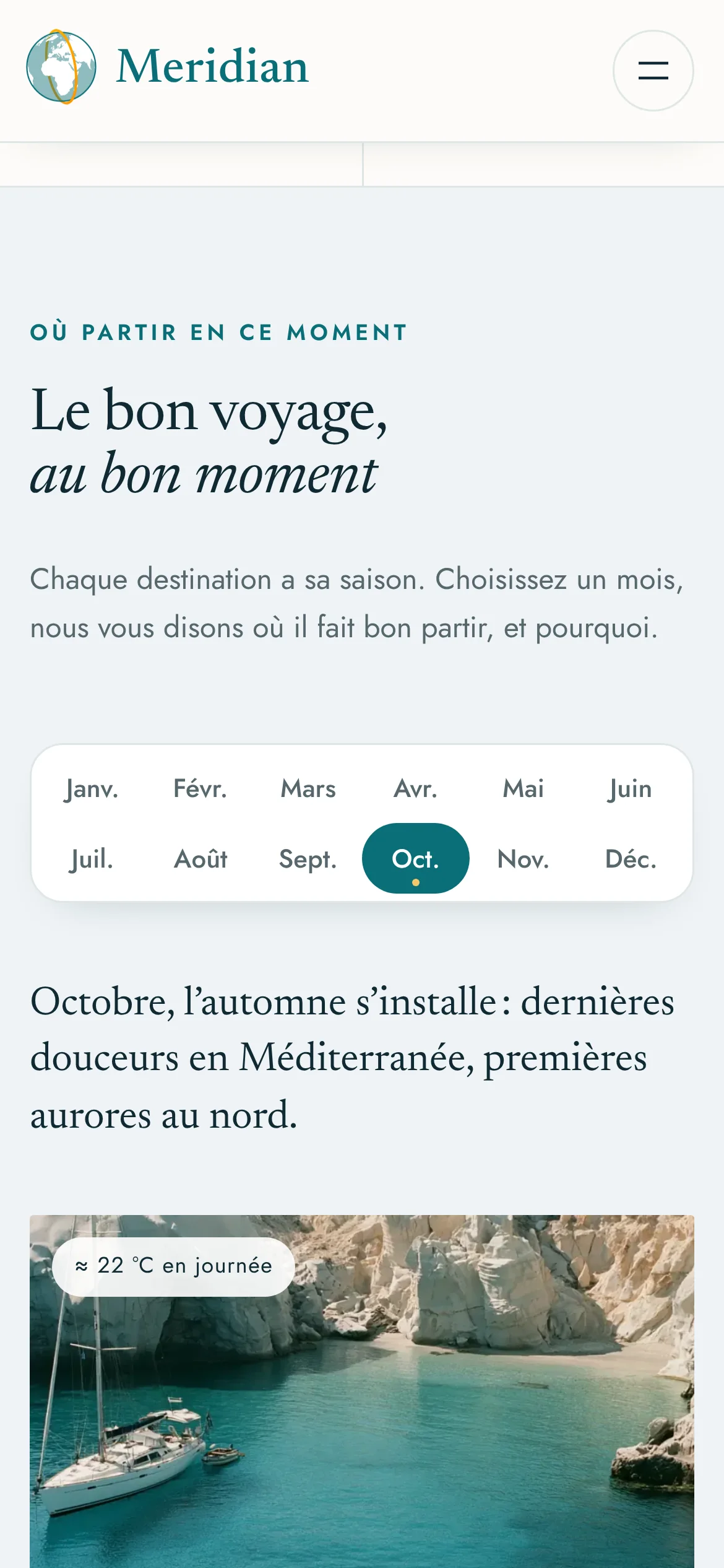 Meridian Voyages — Où partir, mois par mois (téléphone)