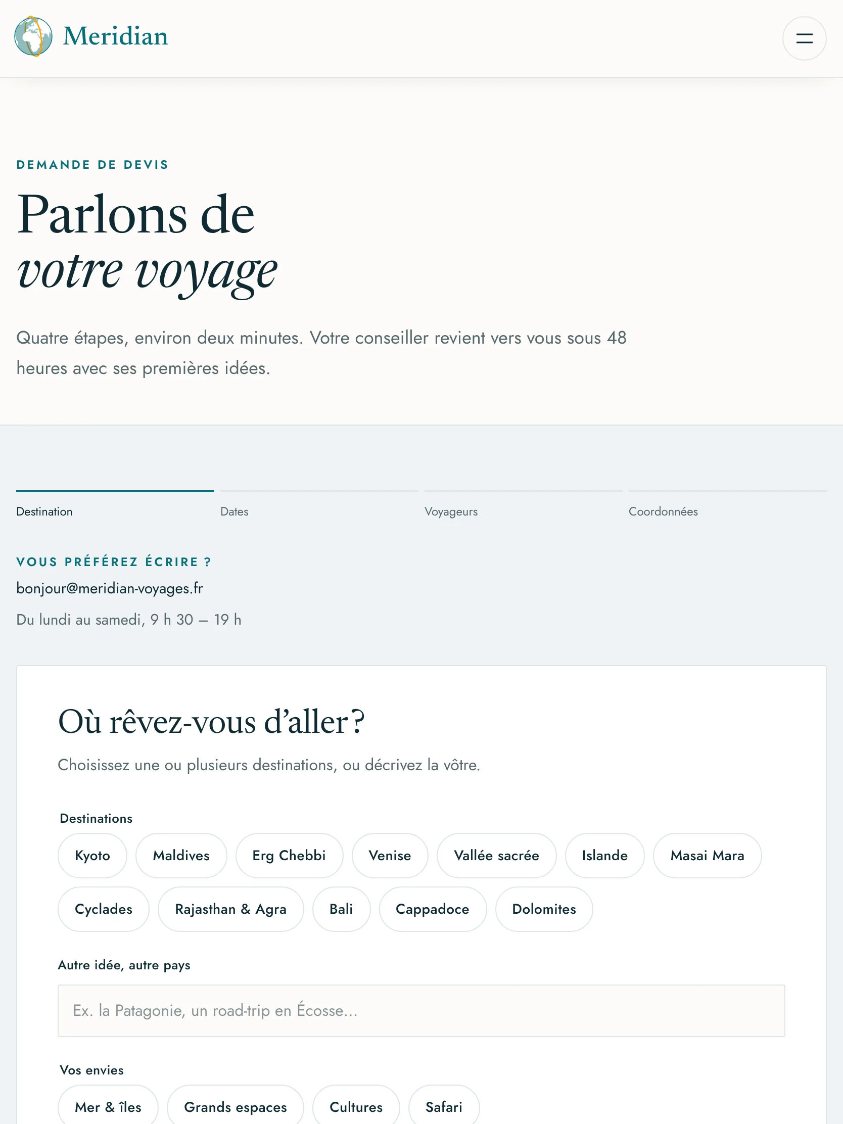 Meridian Voyages — La demande de devis (tablette)