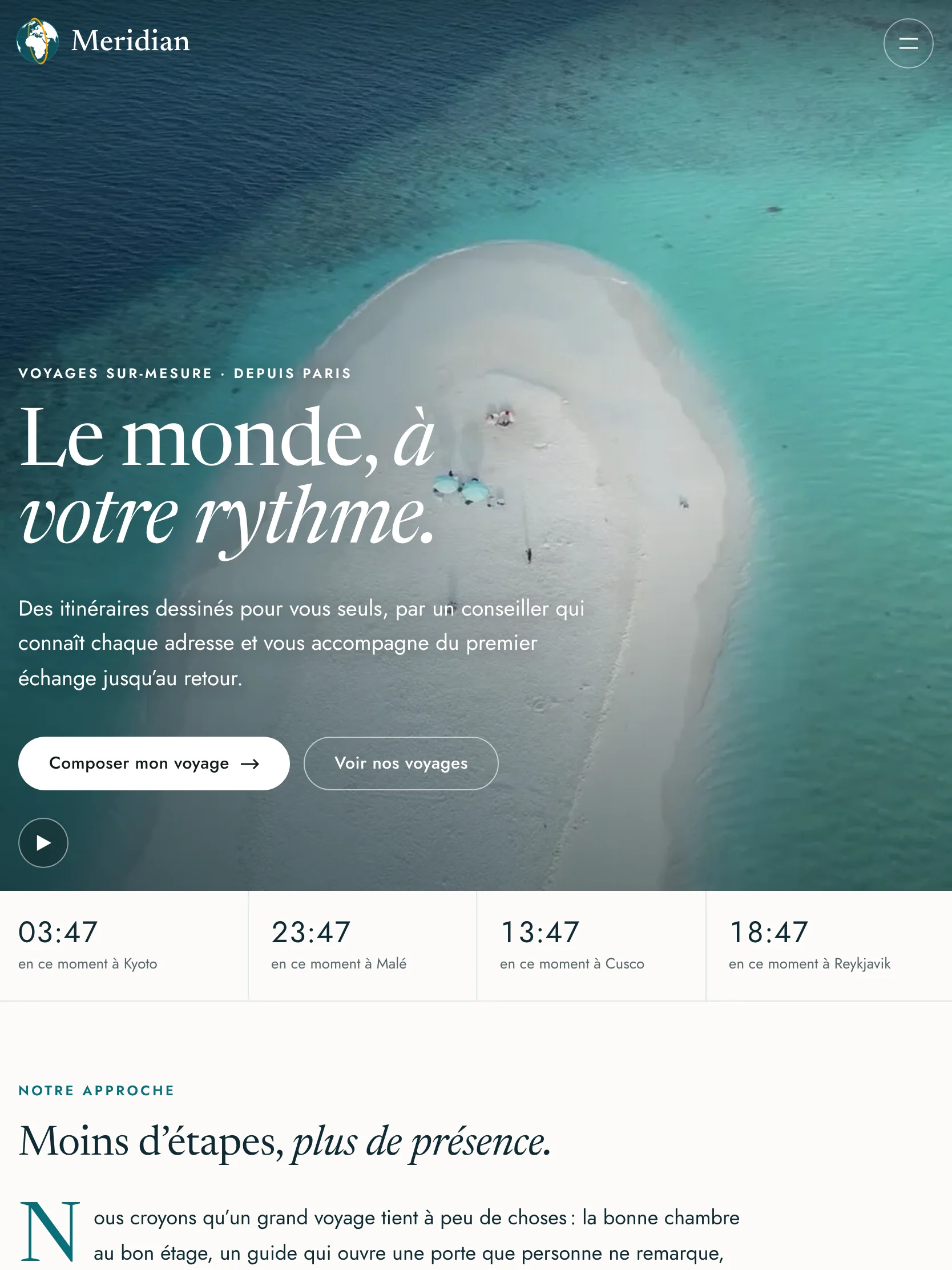 Meridian Voyages — Haut de la page d’accueil (tablette)