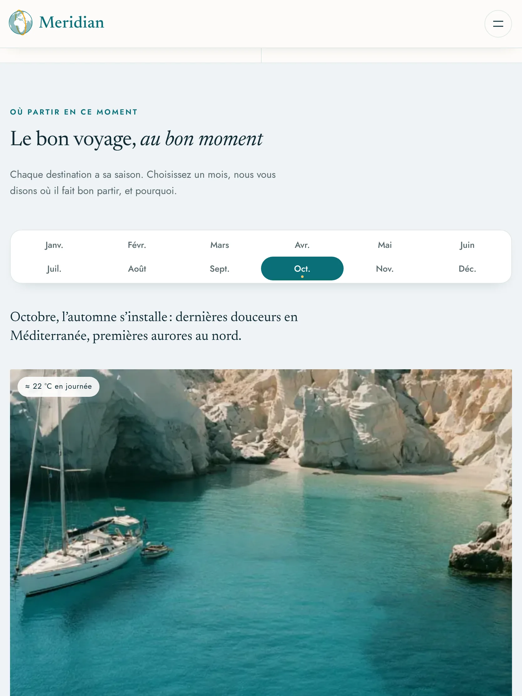 Meridian Voyages — Où partir, mois par mois (tablette)
