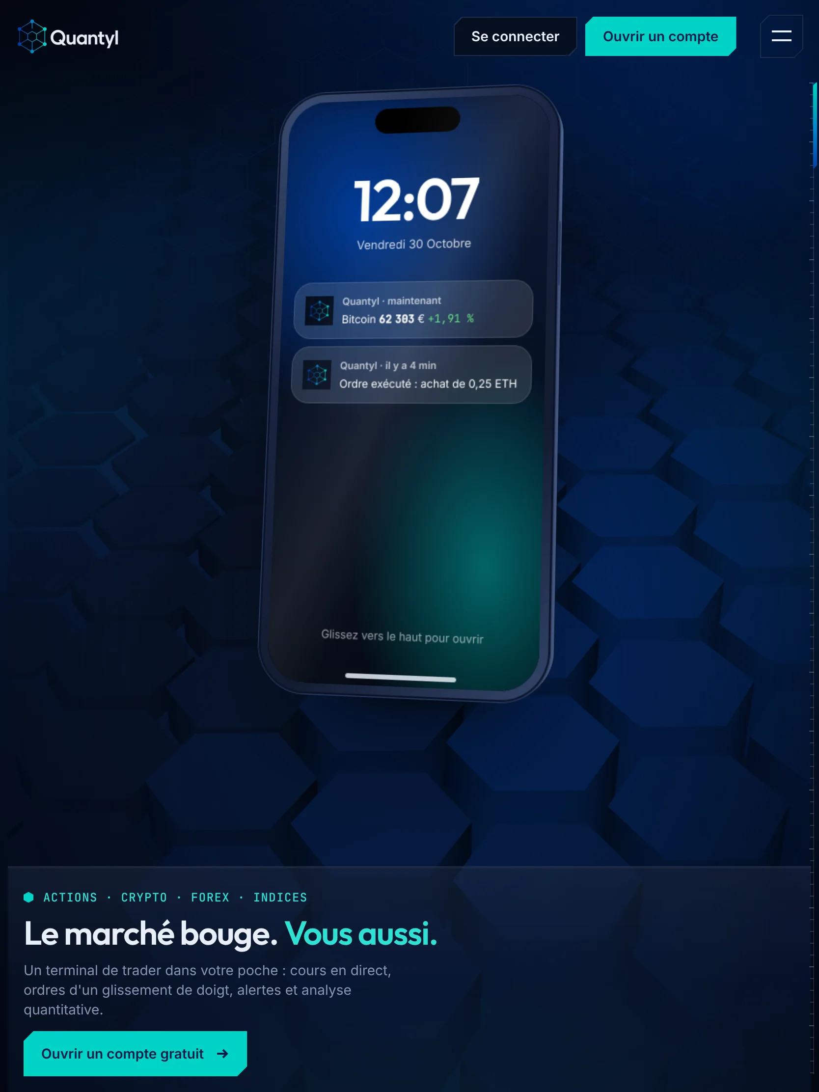 Quantyl Trading — Haut de la page d’accueil (tablette)
