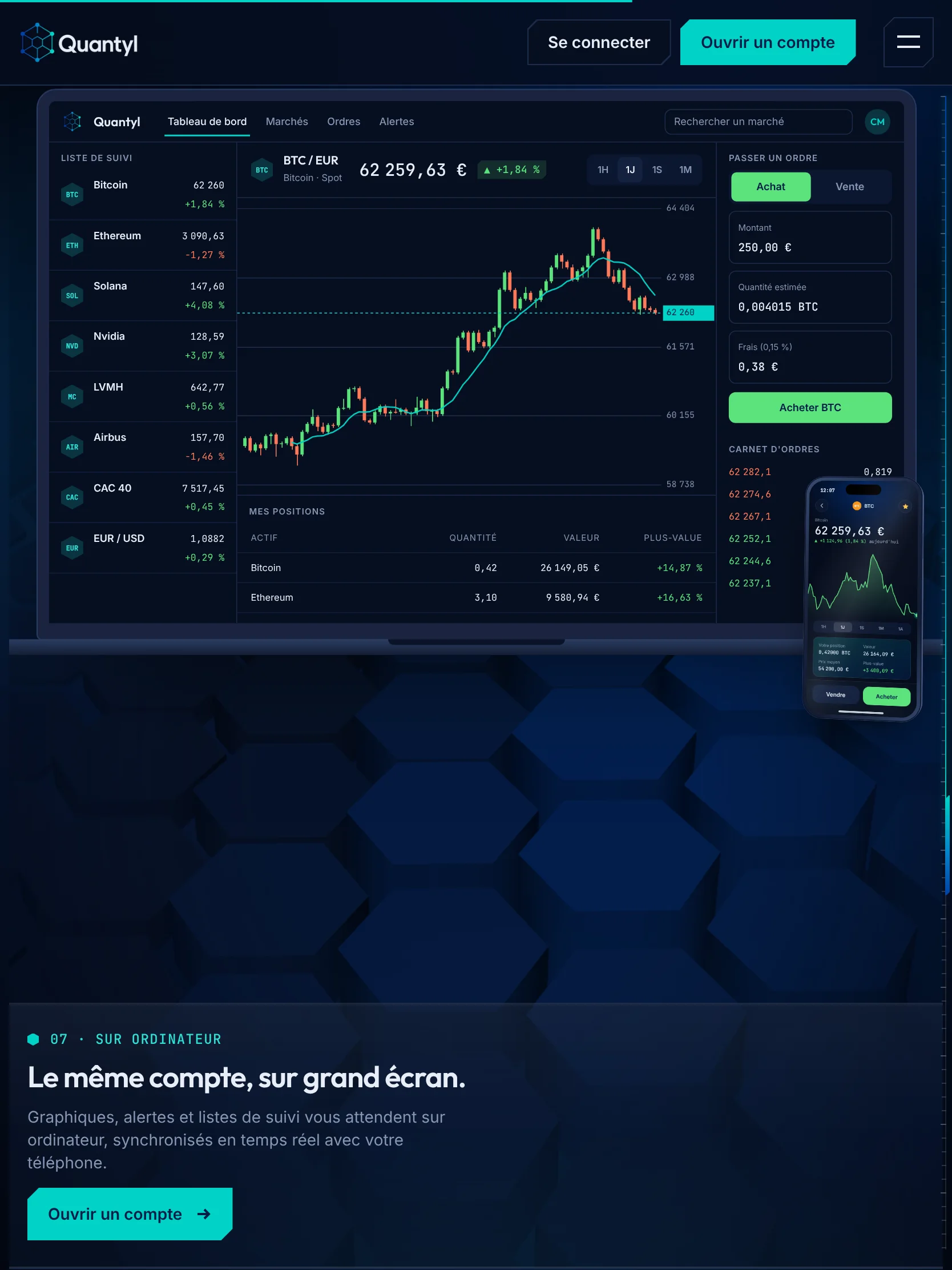 Quantyl Trading — Le même compte sur ordinateur (tablette)