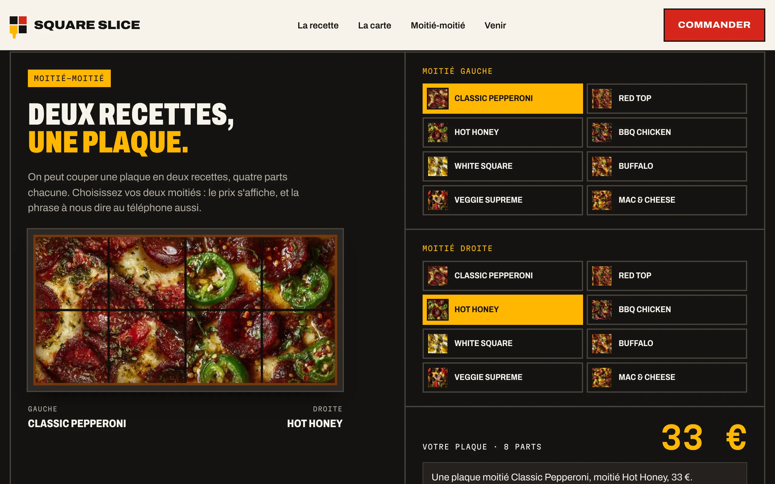 Square Slice — Le moitié-moitié et la précommande (écran)
