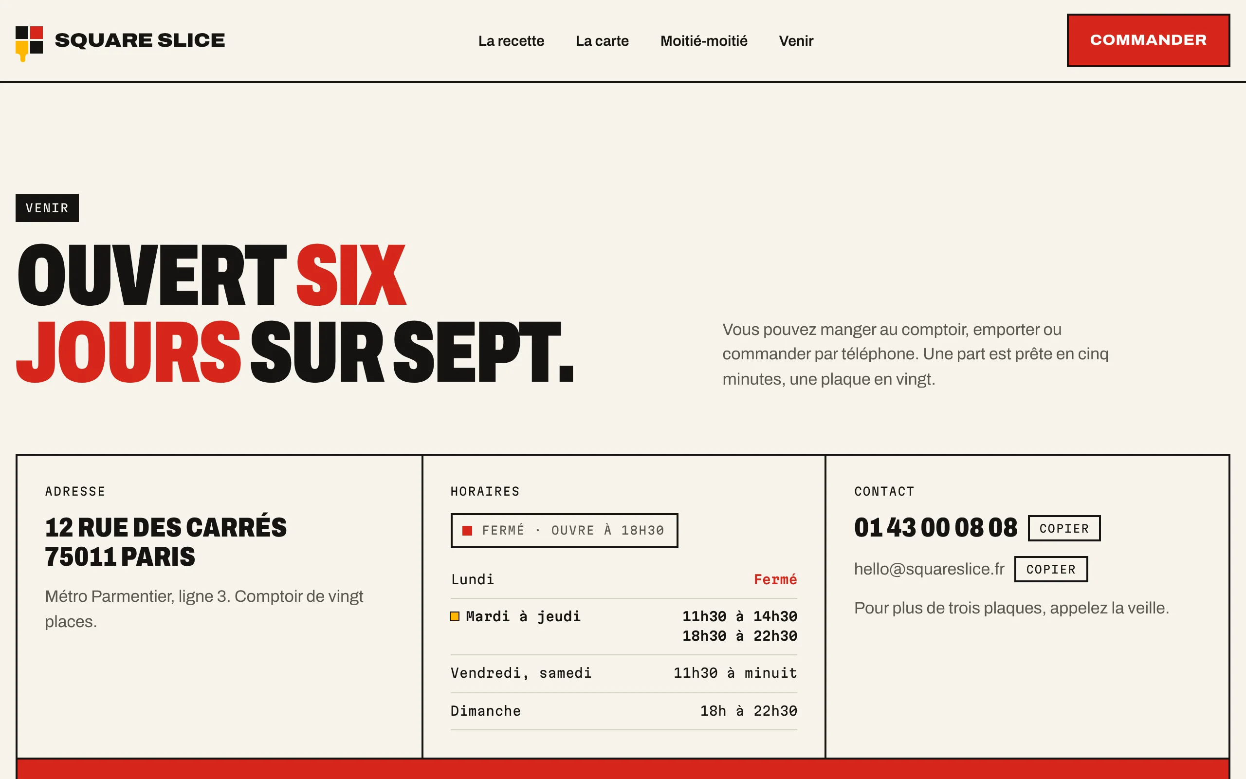 Square Slice — Venir : horaires et contact (écran)