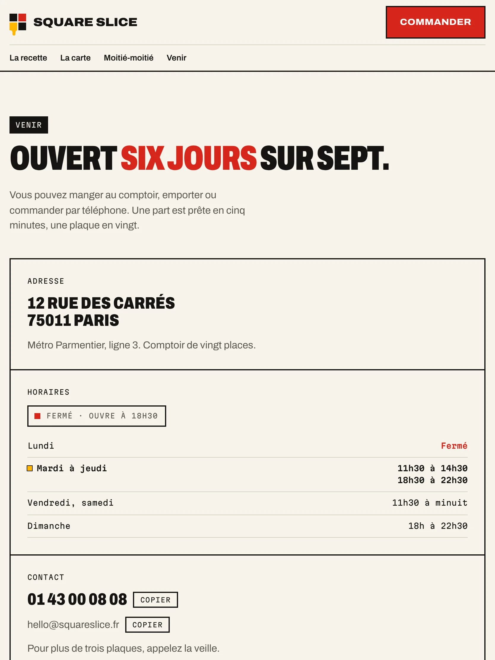 Square Slice — Venir : horaires et contact (tablette)
