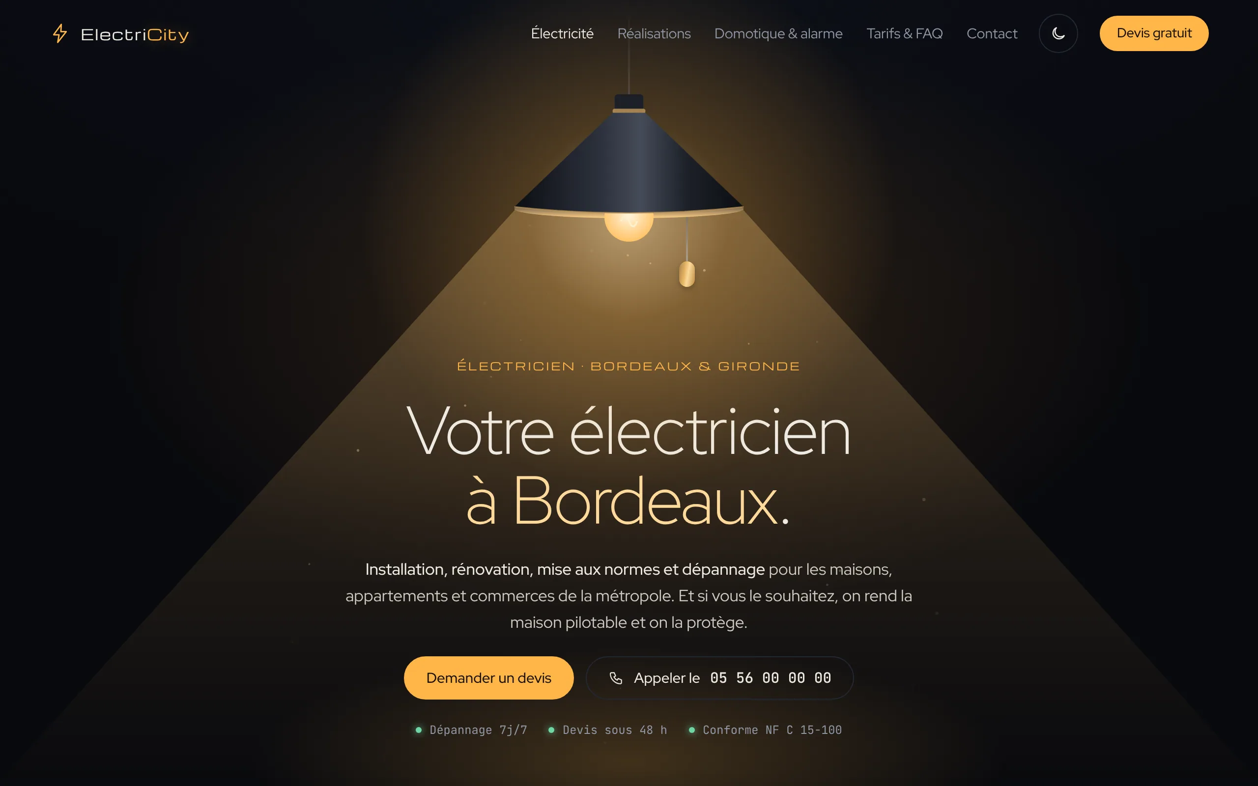 Page d’accueil d’ElectriCity : la lampe allumée et le titre dans son faisceau