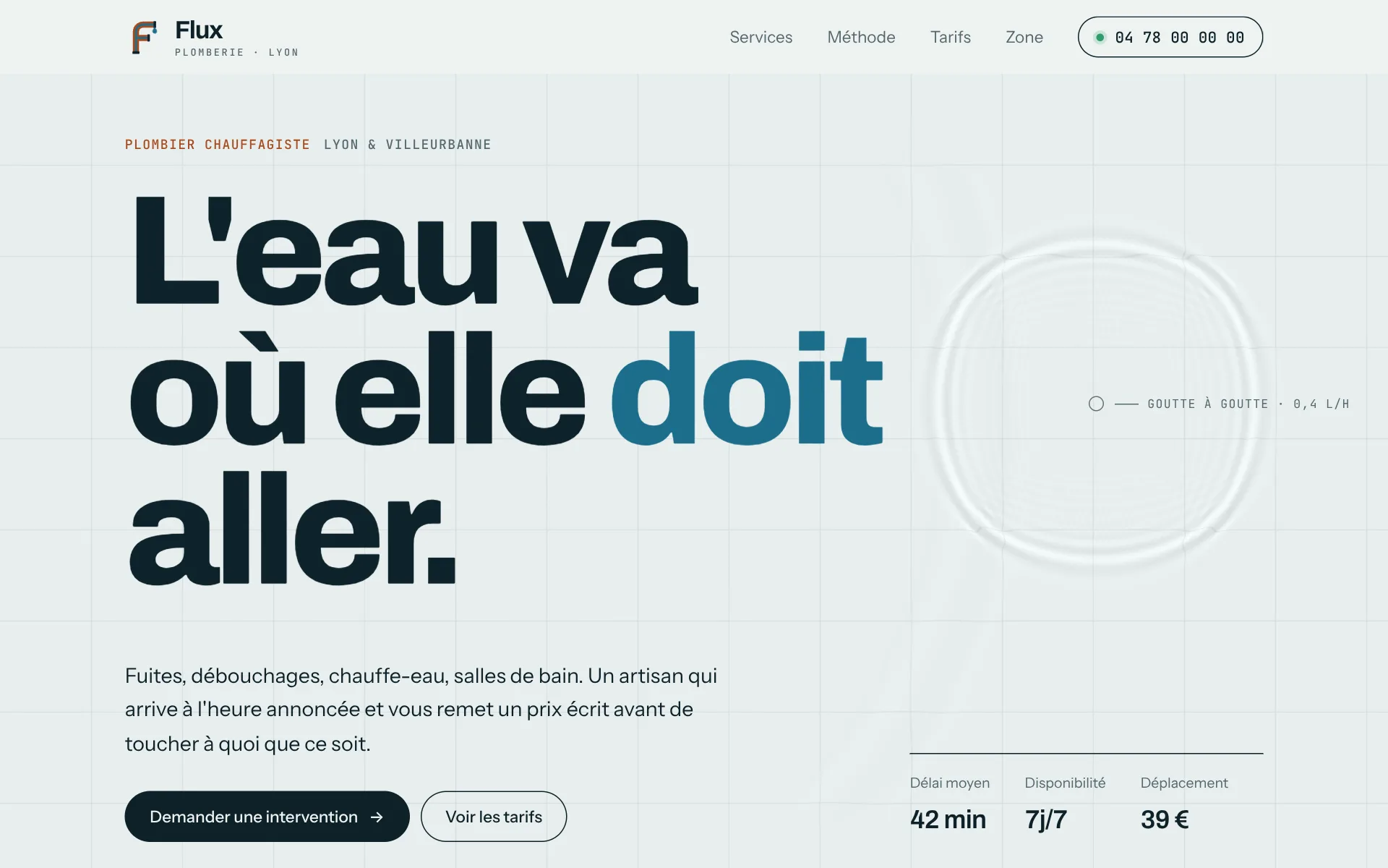 Page d’accueil de Flux Plomberie : le grand titre et le bassin d’eau en 3D