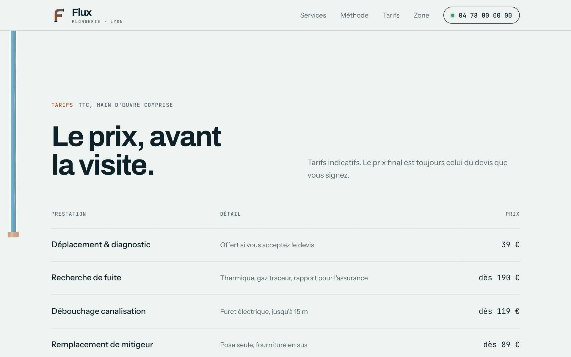 Flux Plomberie — Les tarifs (écran)