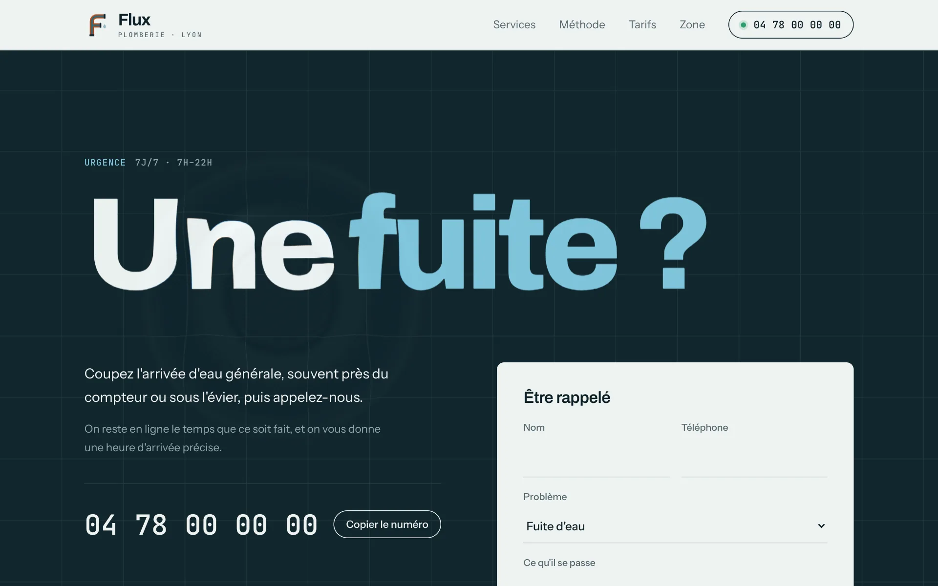 Flux Plomberie — Urgence et rappel (écran)