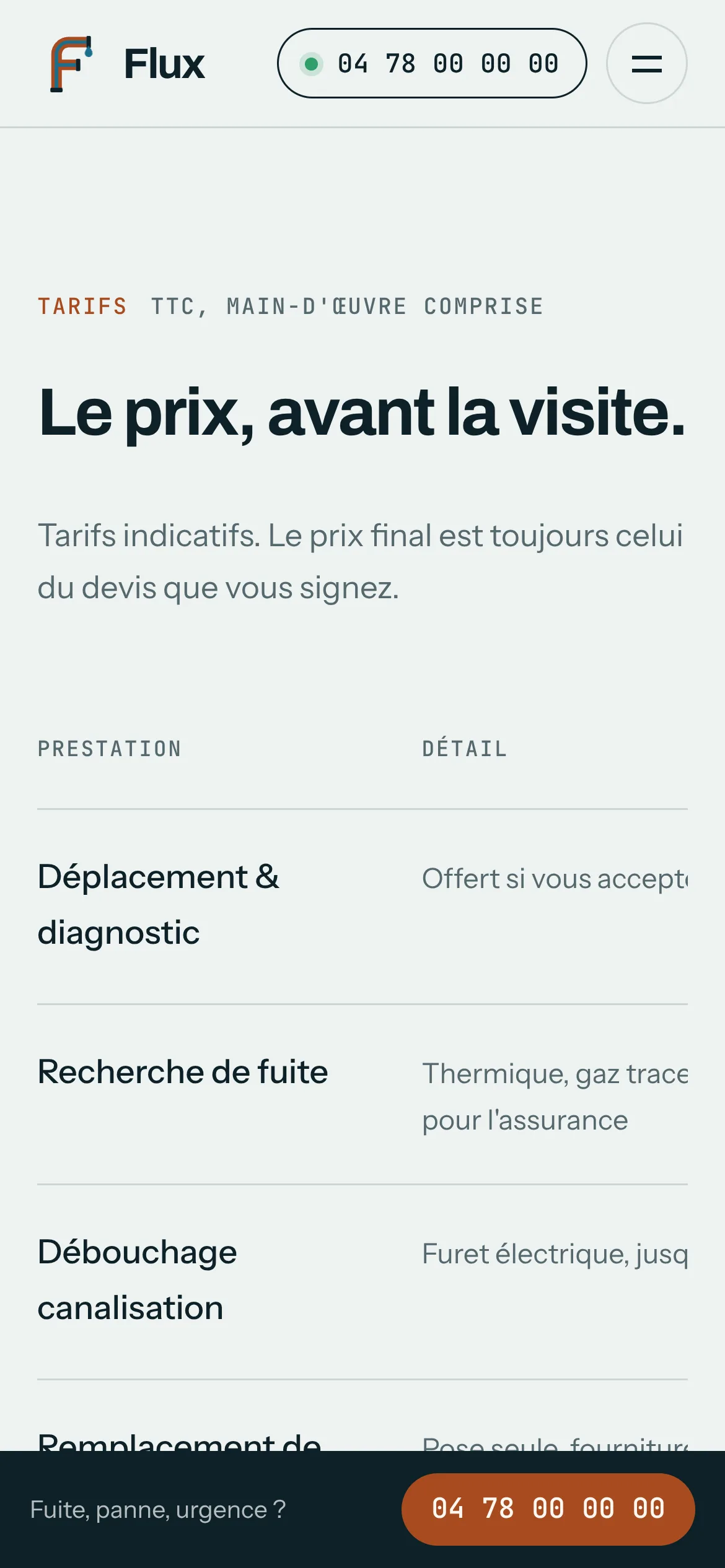Flux Plomberie — Les tarifs (téléphone)