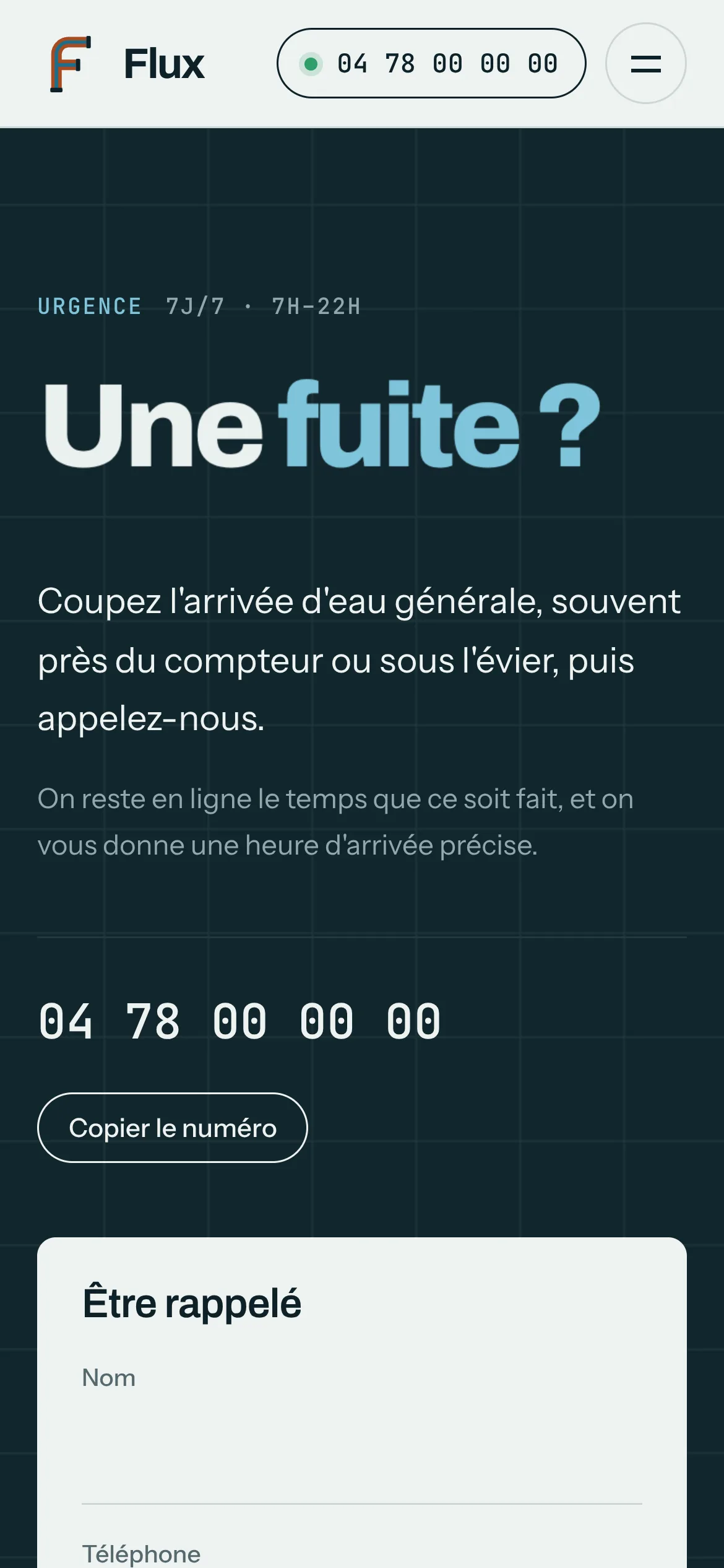 Flux Plomberie — Urgence et rappel (téléphone)