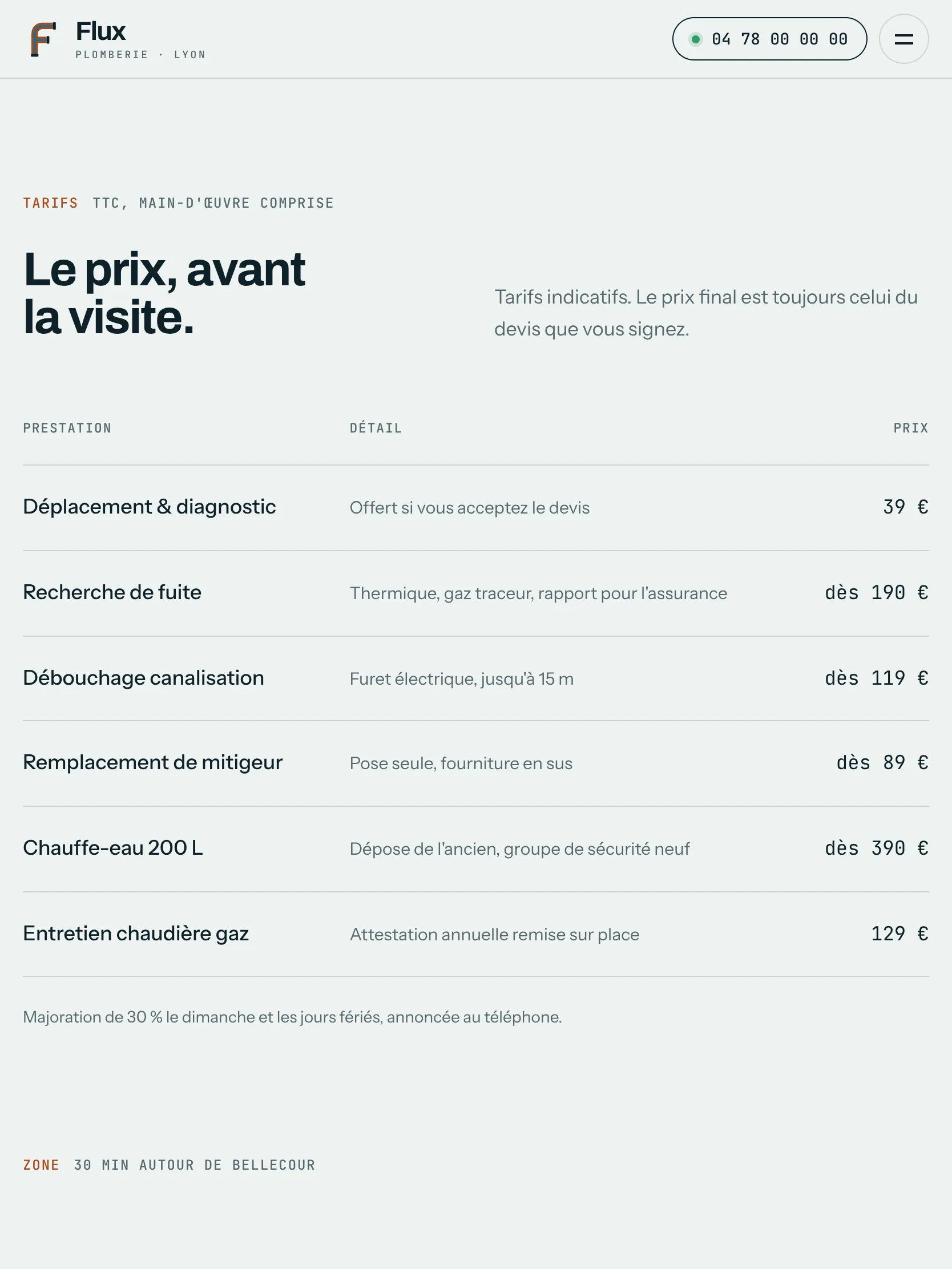 Flux Plomberie — Les tarifs (tablette)