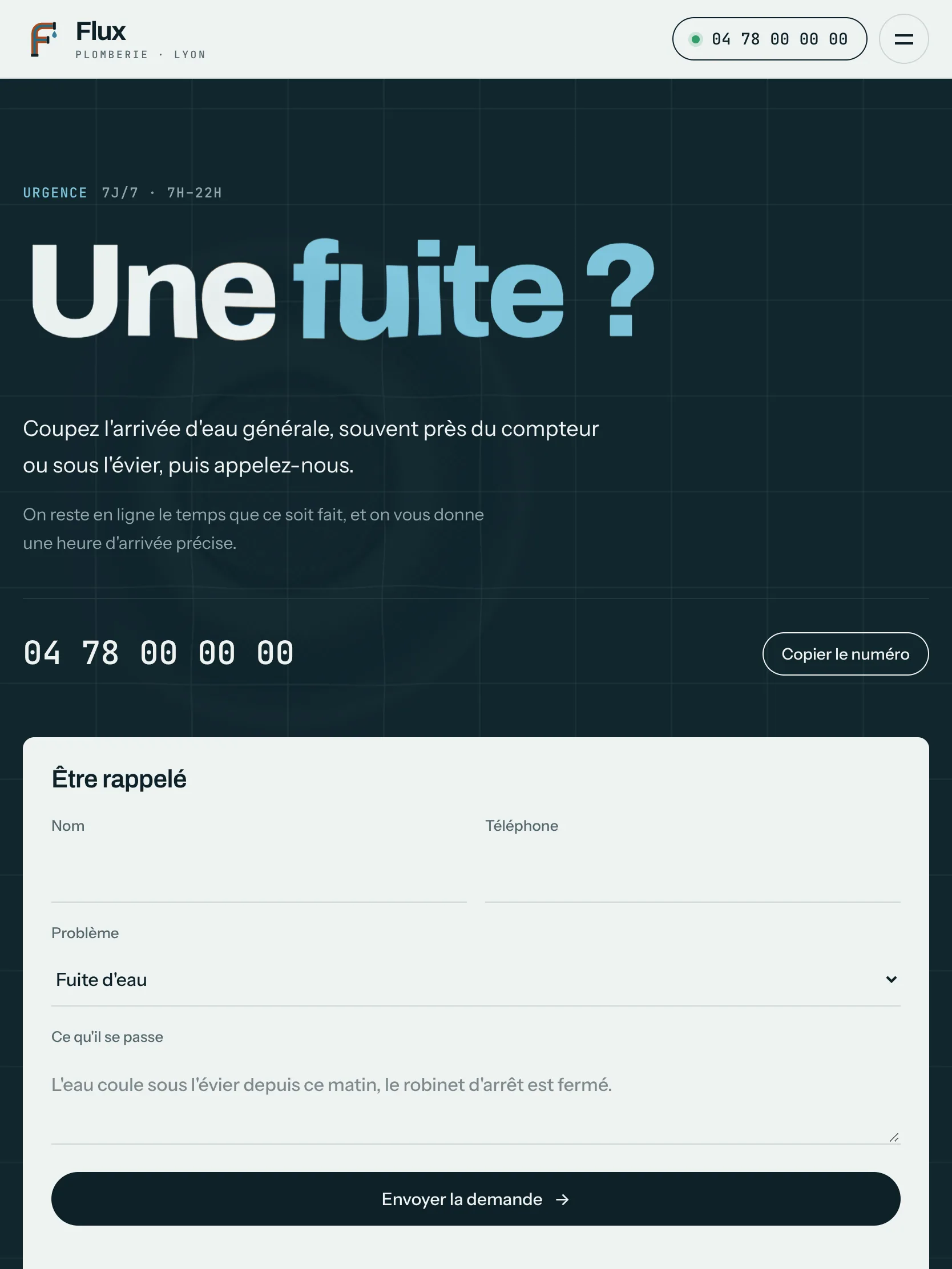 Flux Plomberie — Urgence et rappel (tablette)