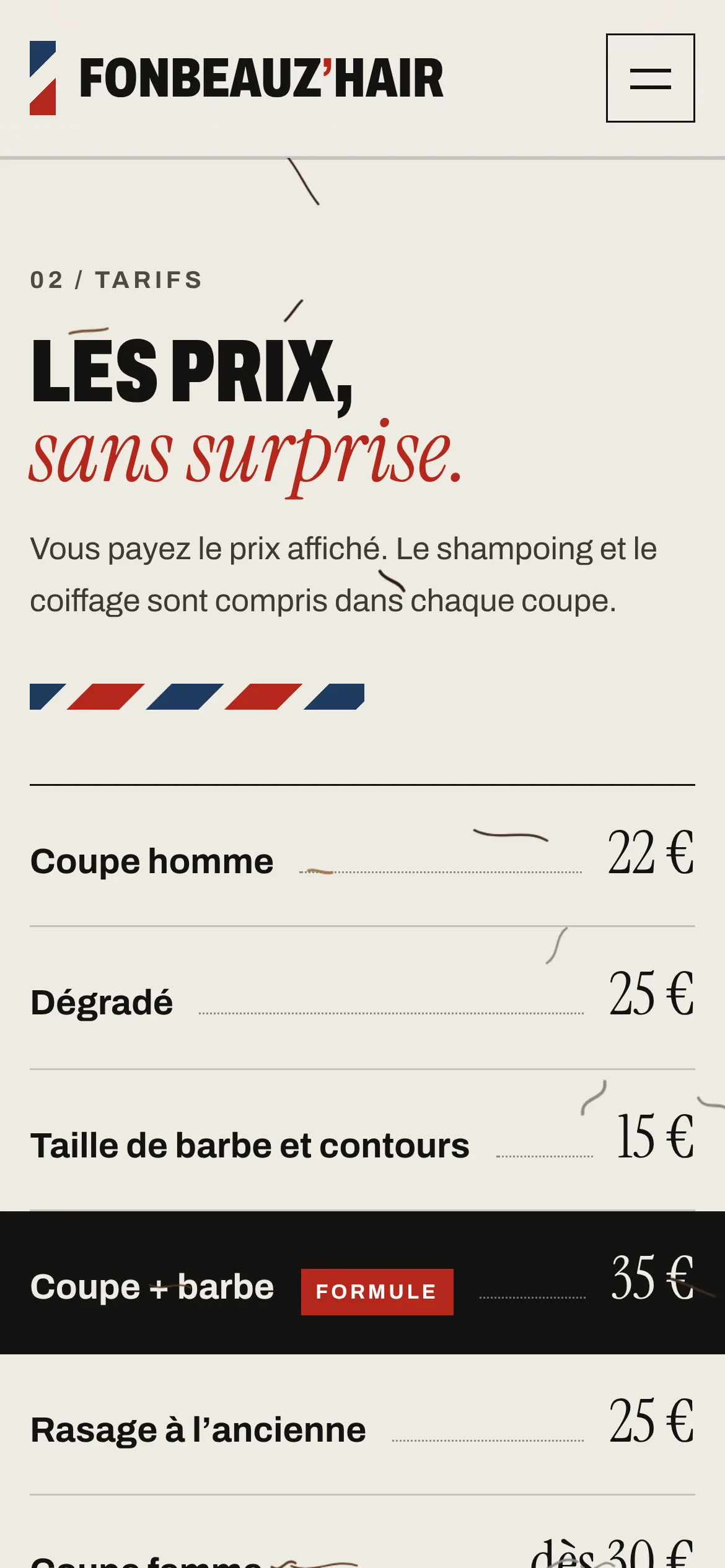 Fonbeauz’Hair — Les tarifs (téléphone)