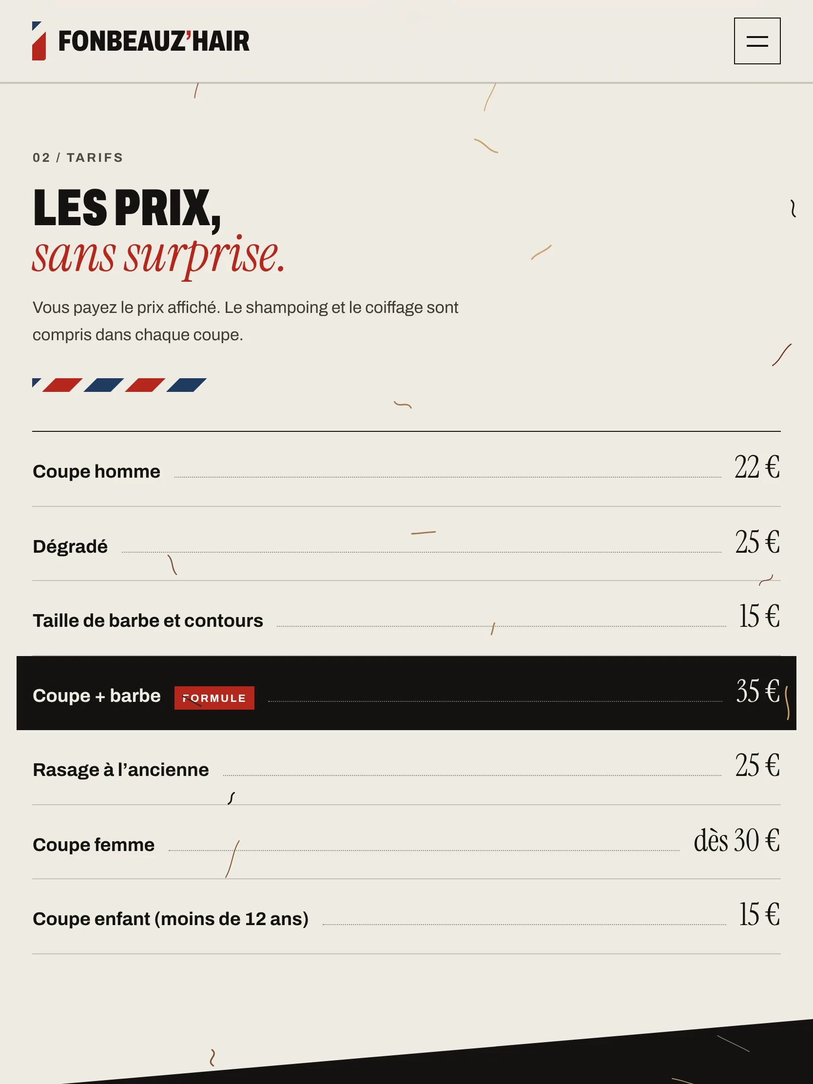 Fonbeauz’Hair — Les tarifs (tablette)