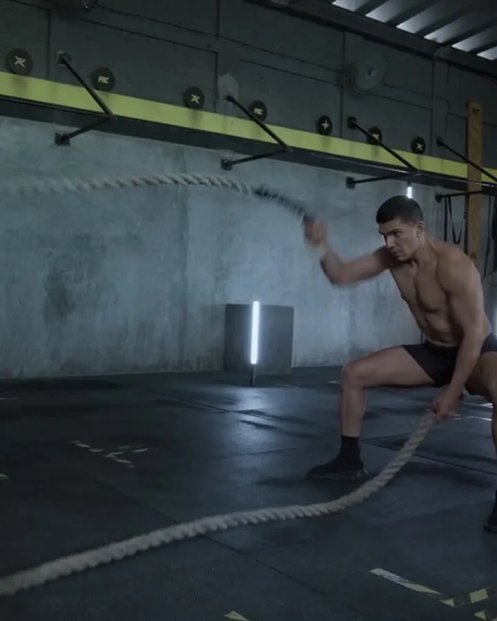 Homme en position de squat qui fait onduler des cordes ondulatoires