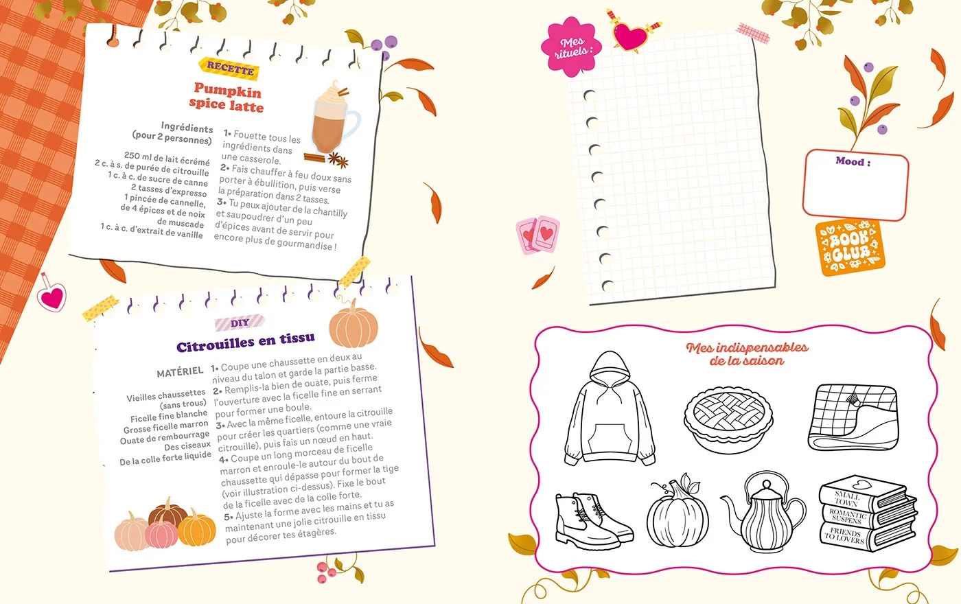 Double page illustrée de recettes et d’activités de lecture