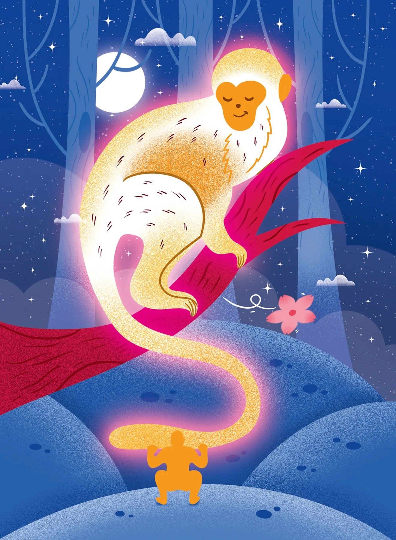 Illustration d’un singe lumineux dans une forêt nocturne