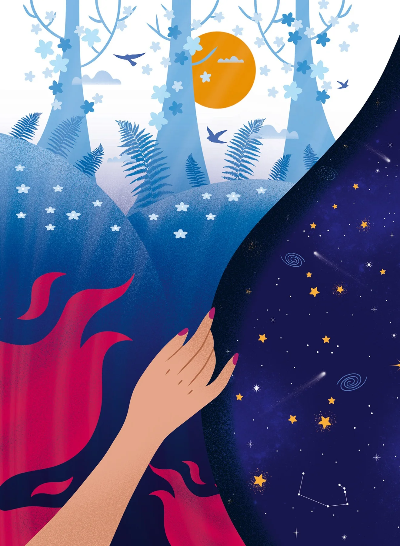 Illustration d’une main tenant une montagne enneigée sous la lune