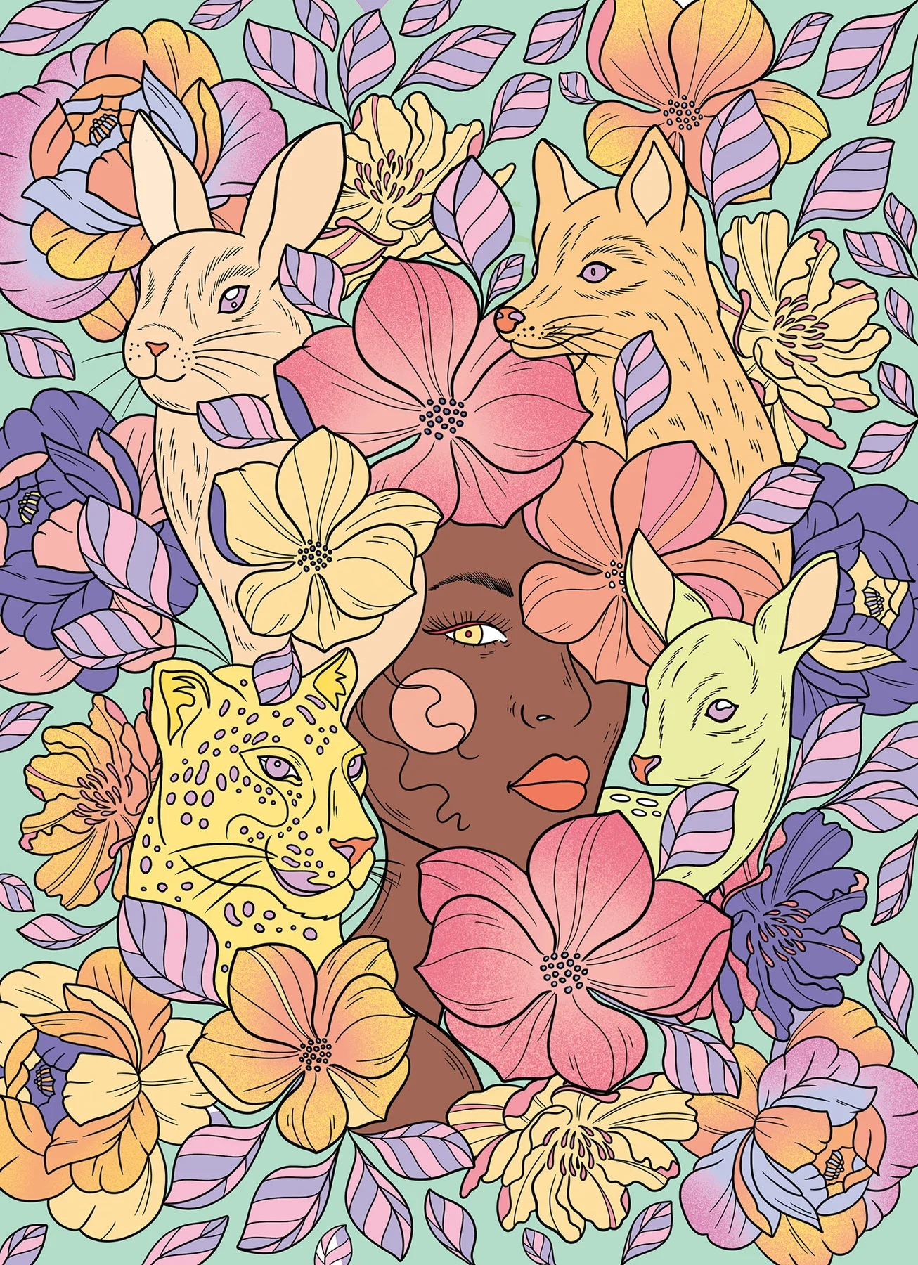 Version colorée du portrait entouré de fleurs et d’animaux