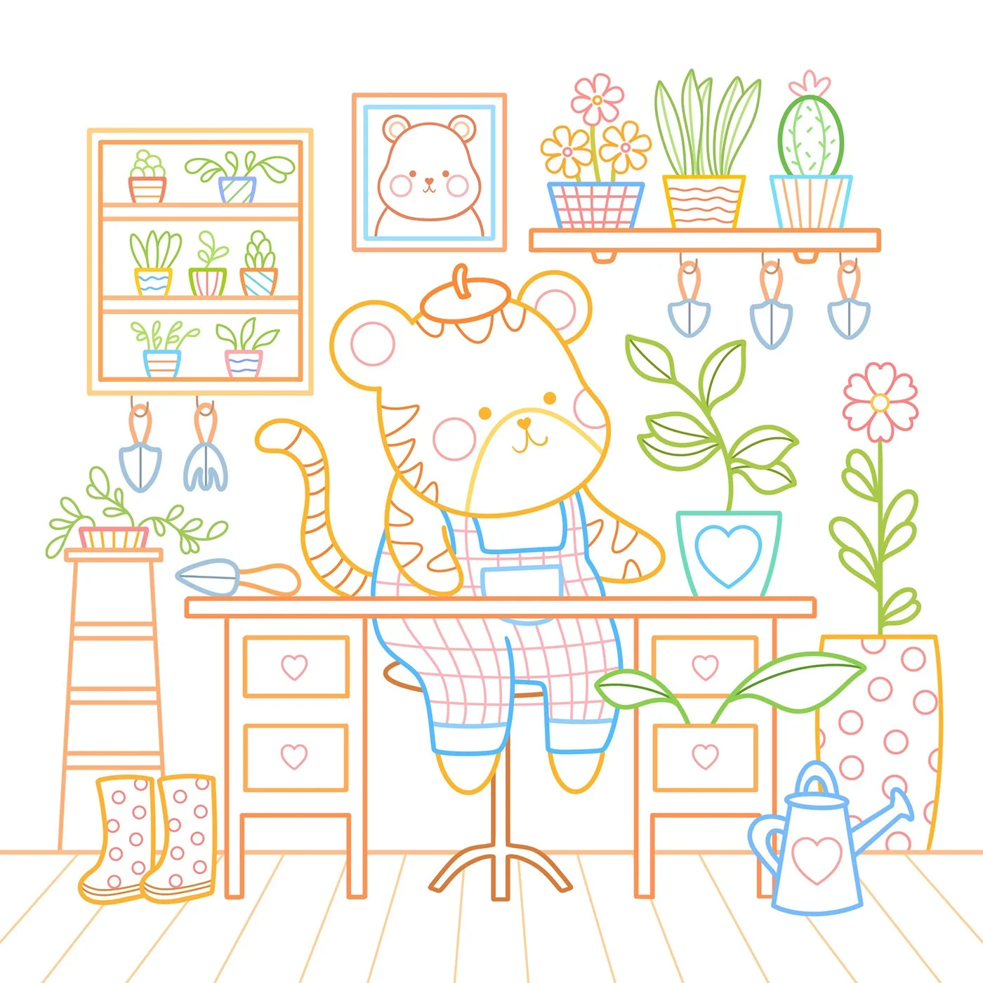 Coloriage d’un chat à son bureau entouré de plantes