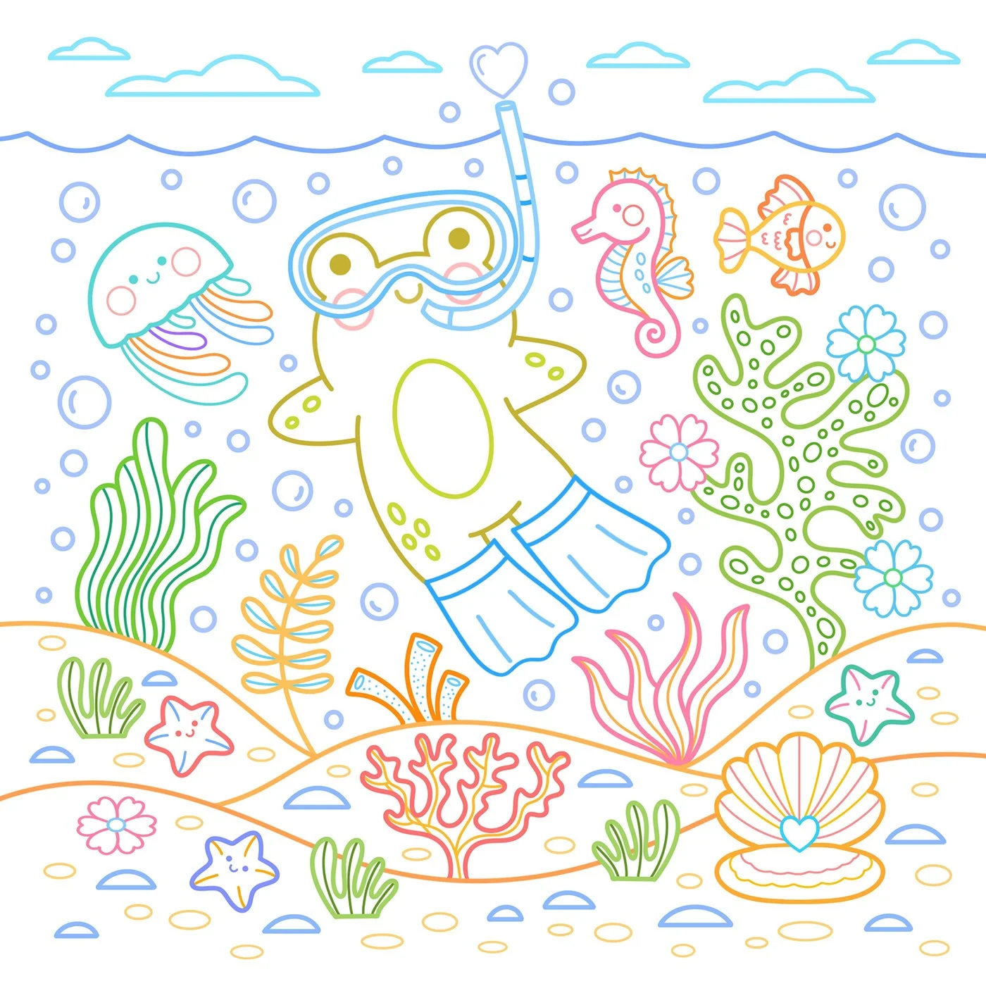 Coloriage d’un ours en plongée parmi les poissons