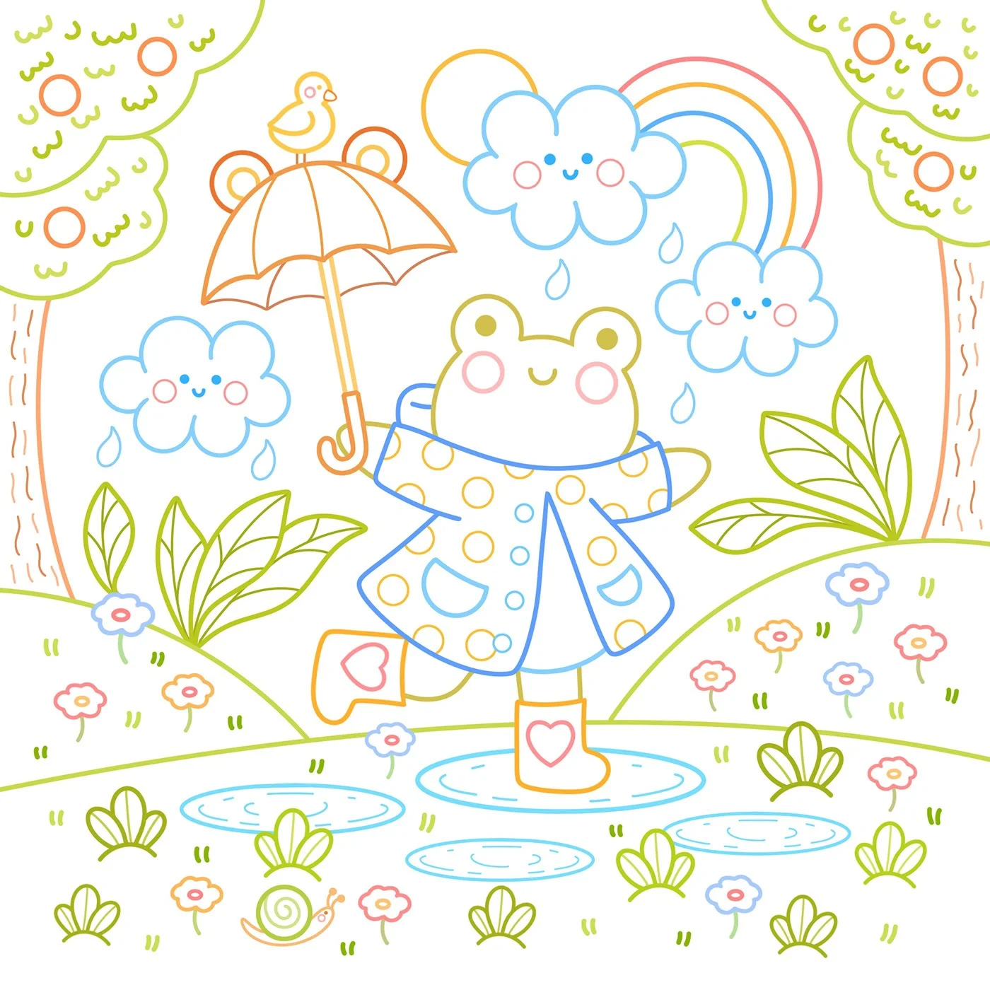 Coloriage d’une grenouille sous un parapluie
