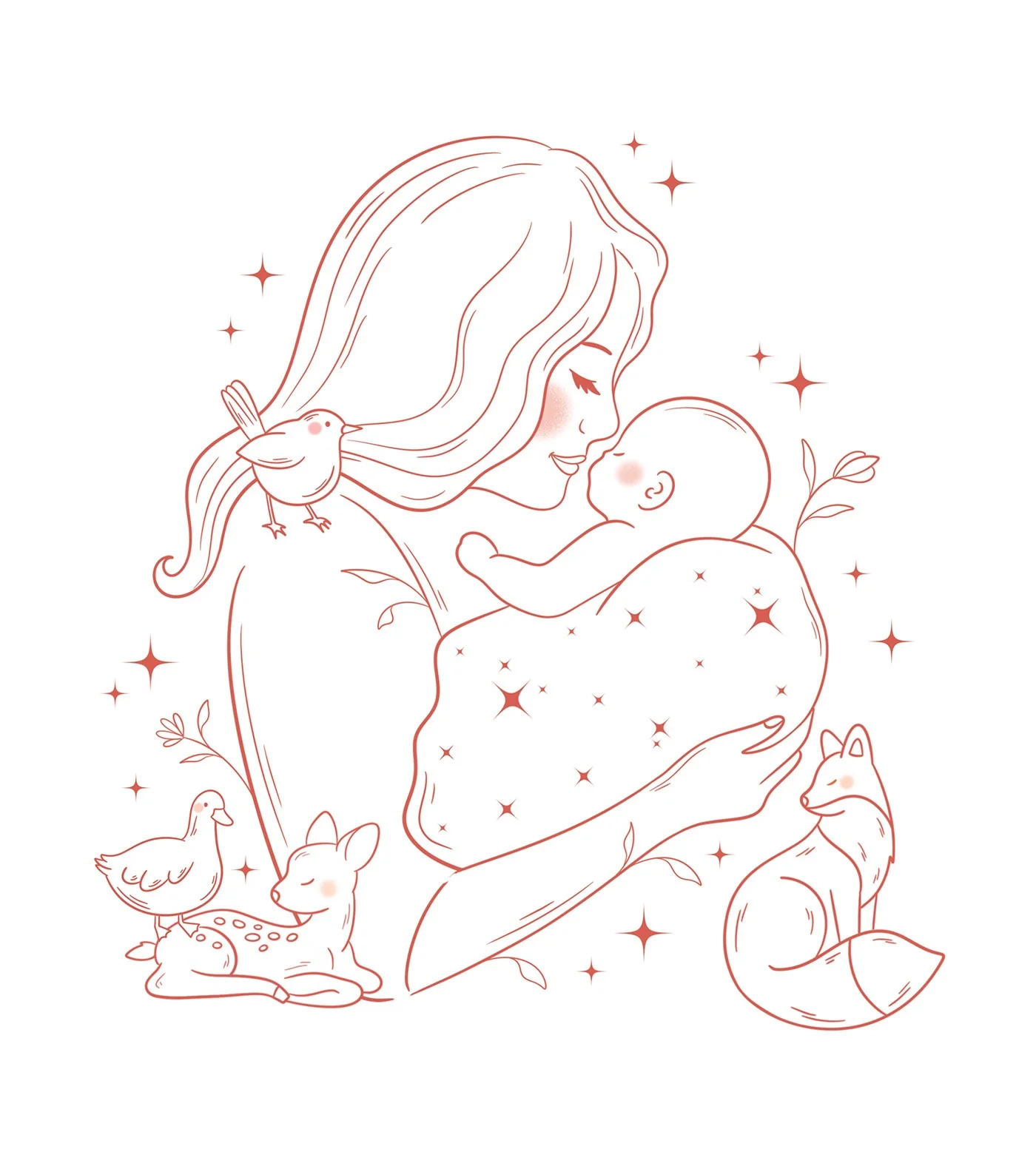 Portrait dessiné d’une mère et de son bébé entourés d’animaux