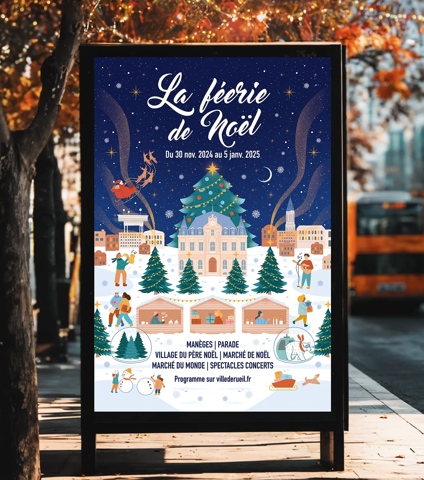 Affiche de Noël présentée sur un panneau de rue