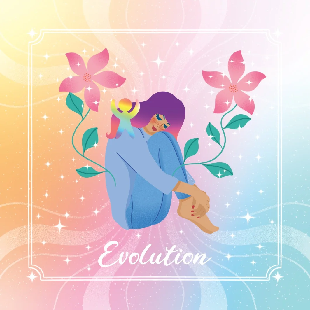 Carte Évolution : personnage entouré de grandes fleurs
