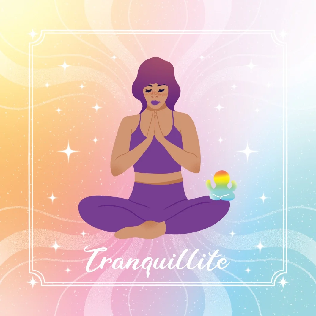 Carte Tranquillité : femme en méditation sur un fond arc-en-ciel