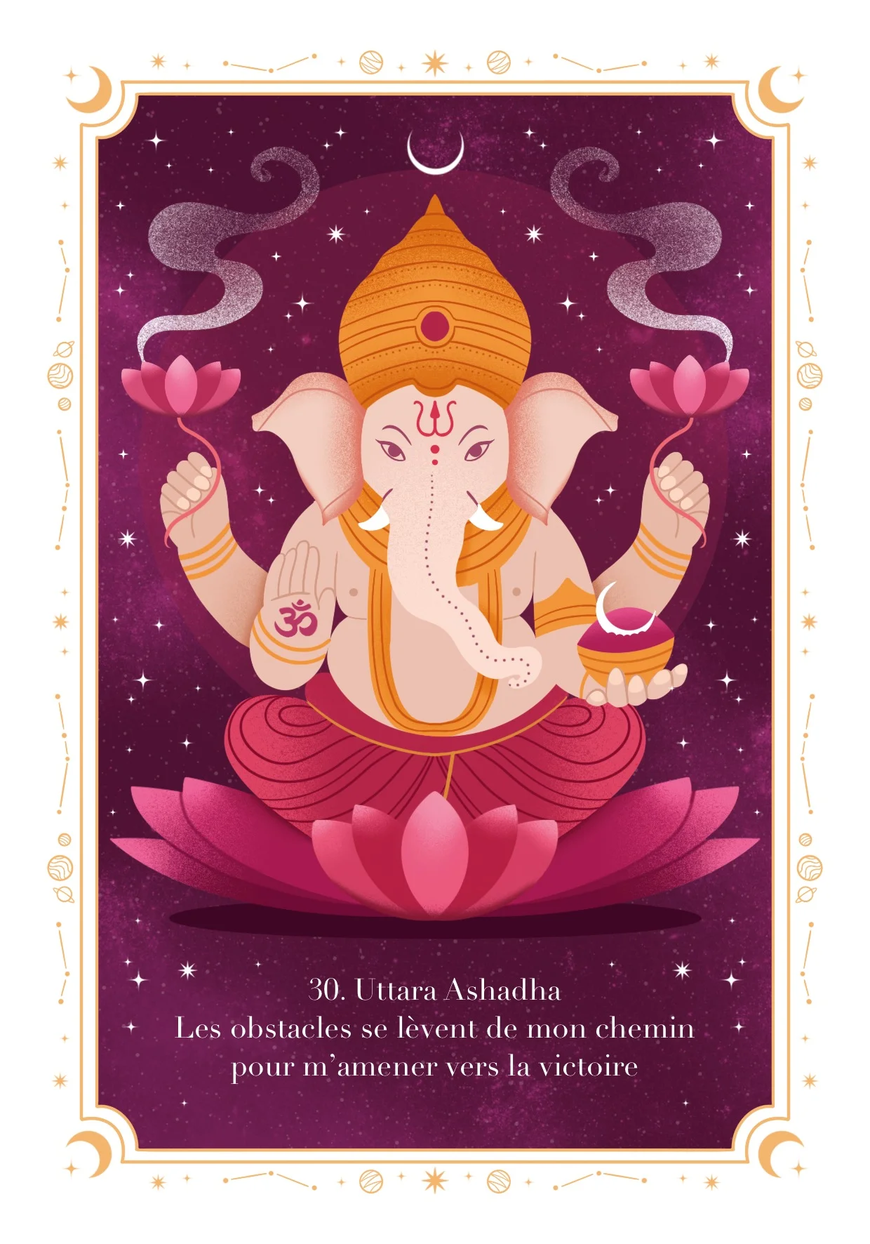 Carte illustrée de Ganesh dans des teintes roses et violettes