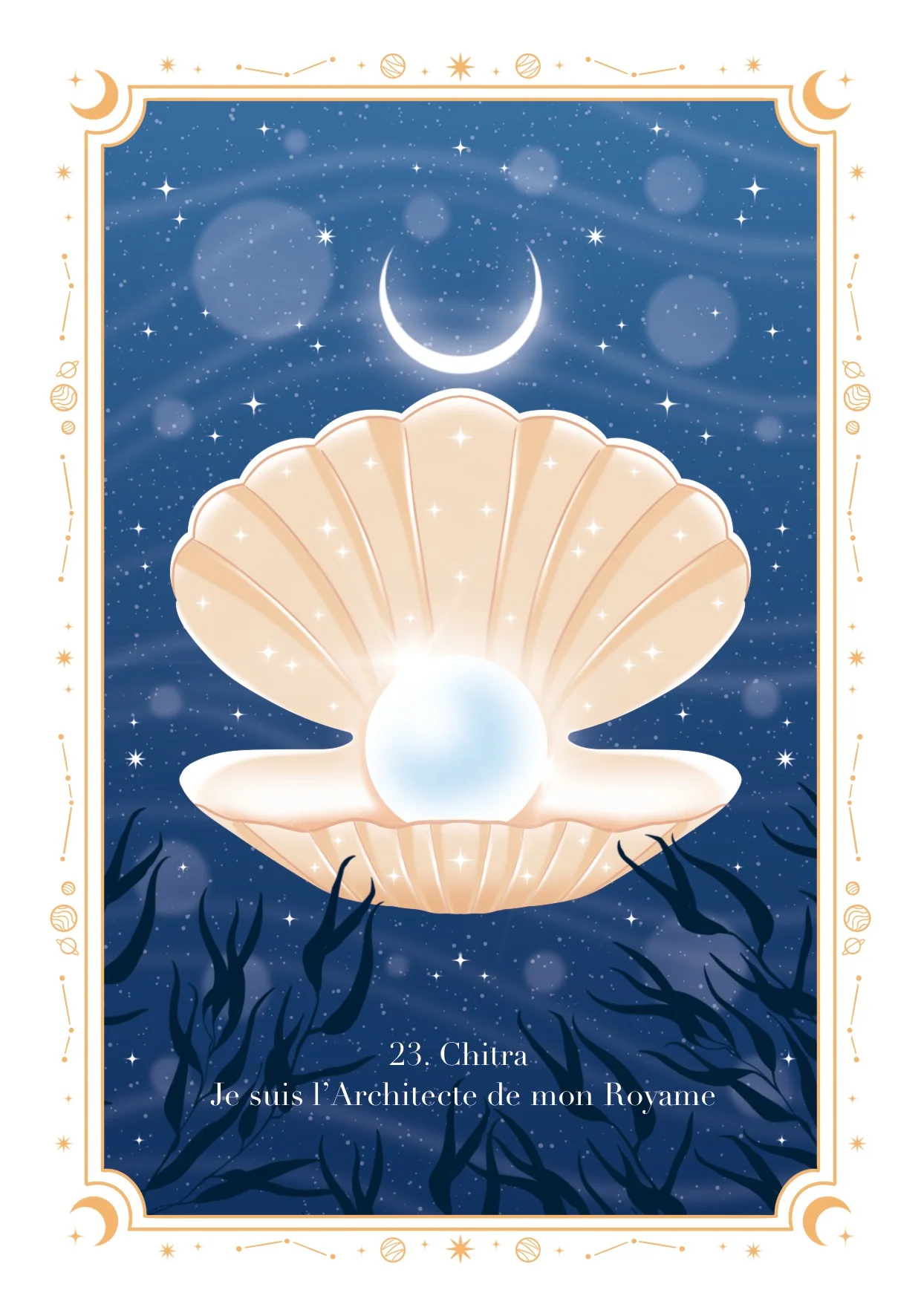 Carte Chitra : coquillage ouvert contenant une perle lumineuse