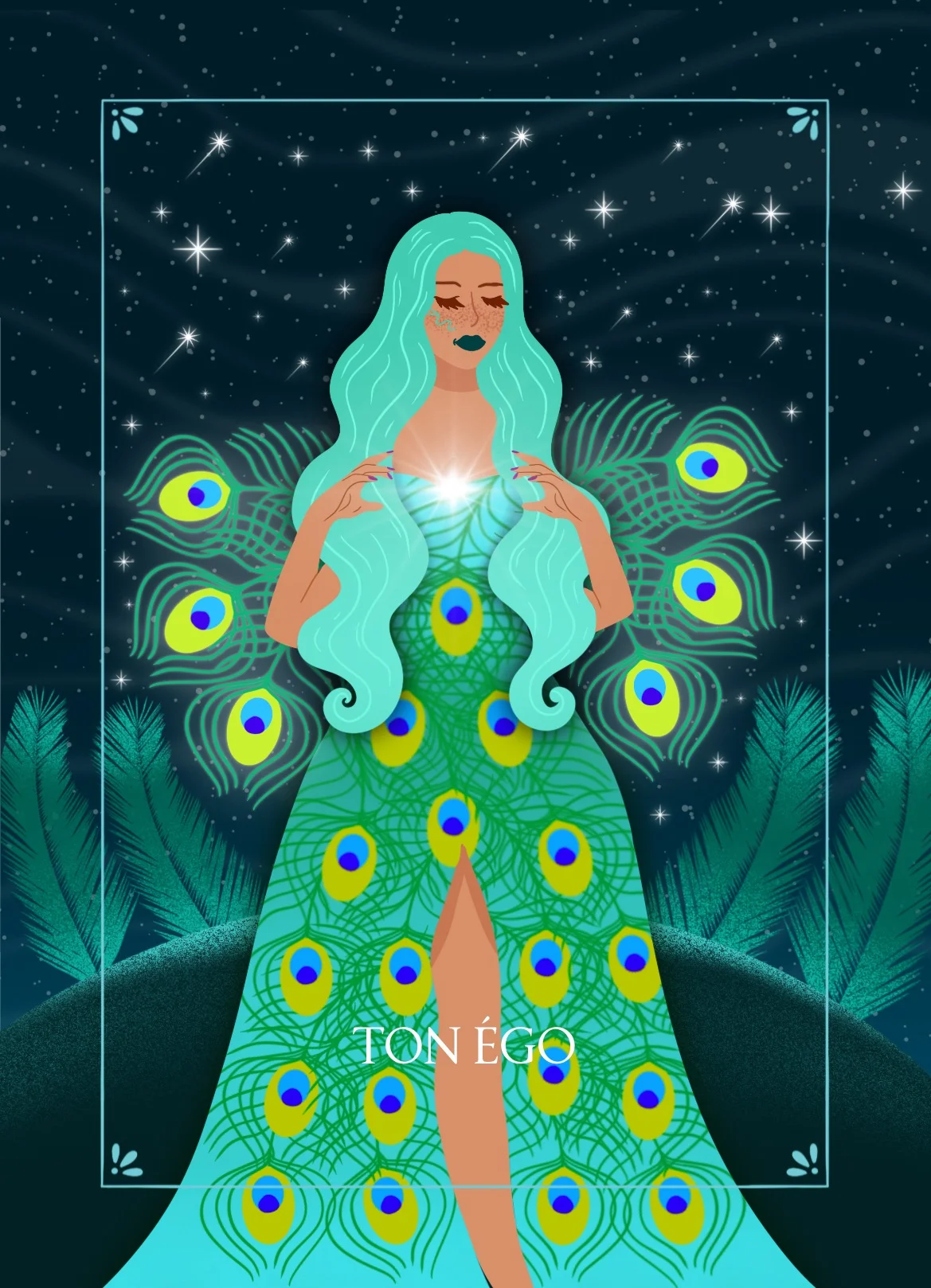 Carte Ton ego : figure féminine au plumage de paon