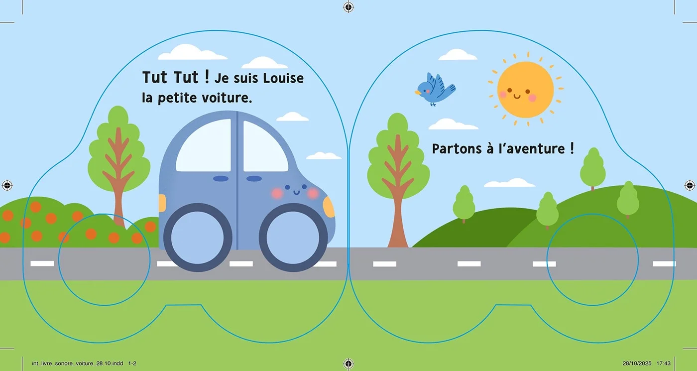 Double page de Louise la voiture dans un paysage printanier