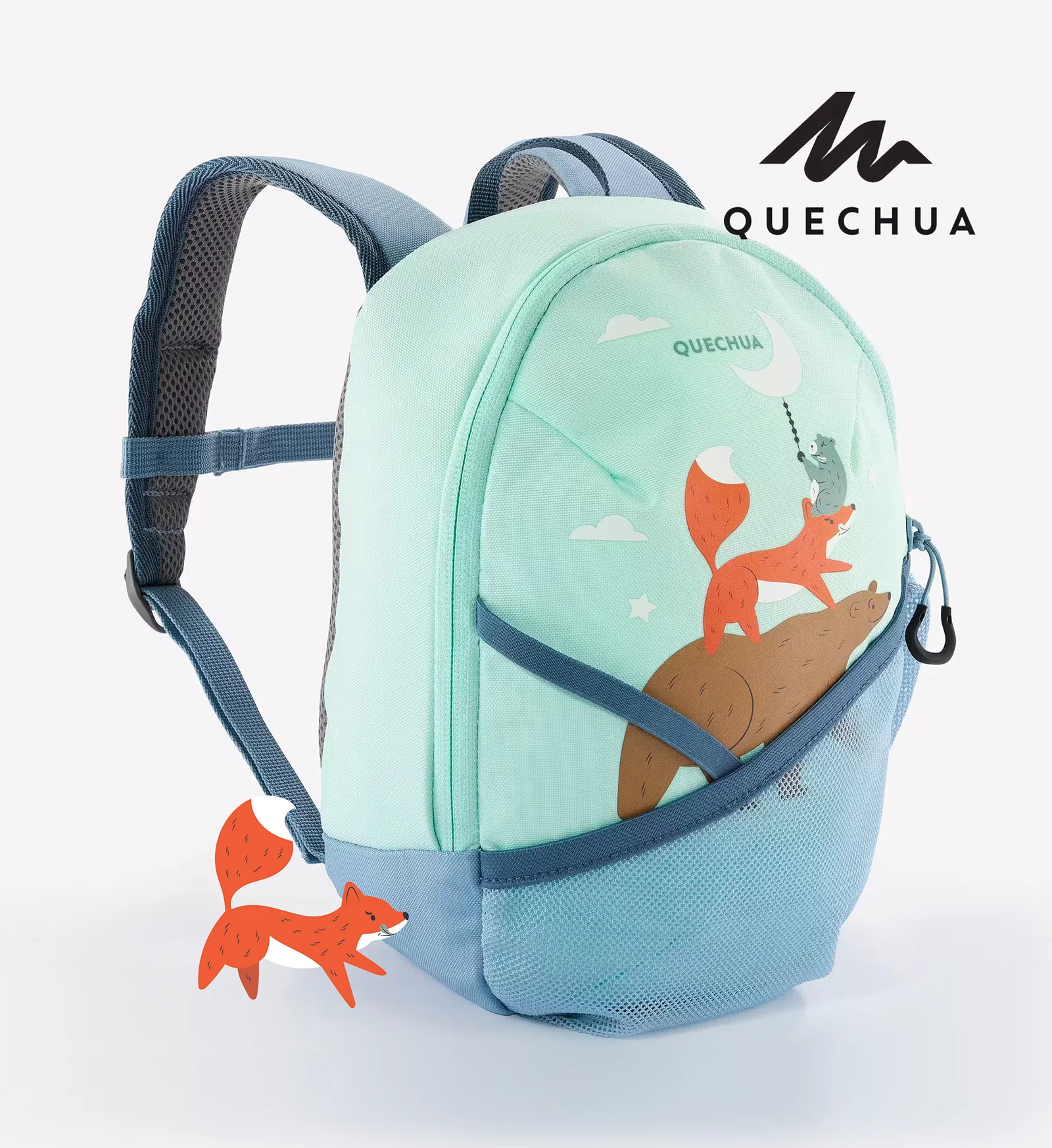 Sac à dos enfant Quechua bleu et vert avec une illustration de renard