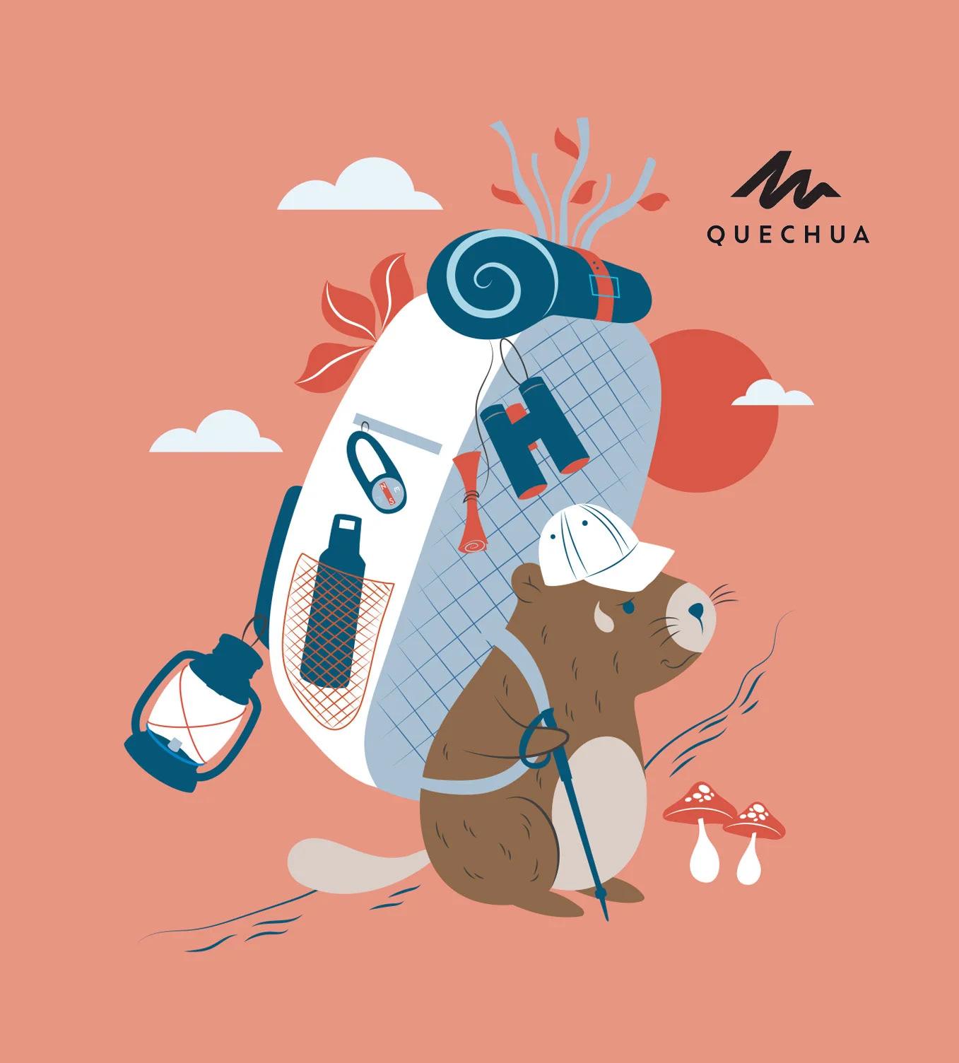 Illustration en couleur d’une chaussure de randonnée et d’animaux pour Quechua