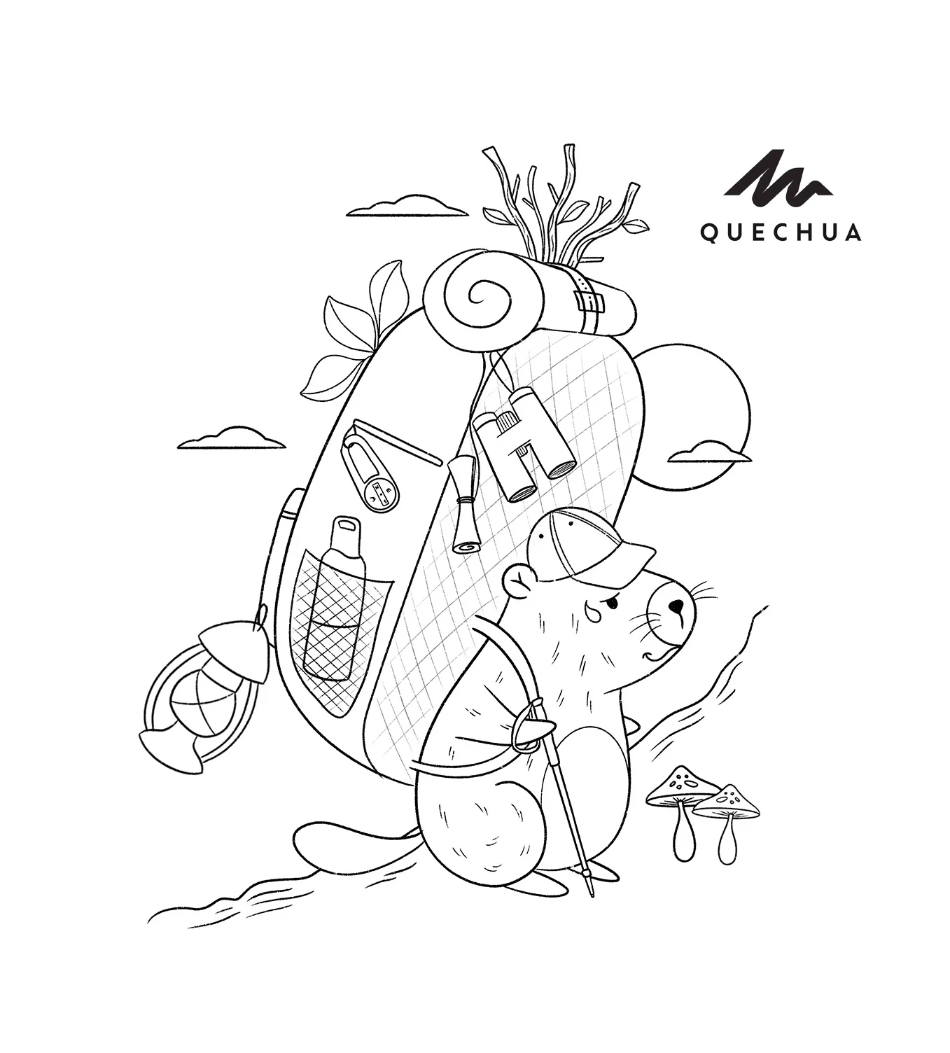 Dessin au trait préparatoire de l’illustration du t-shirt Quechua