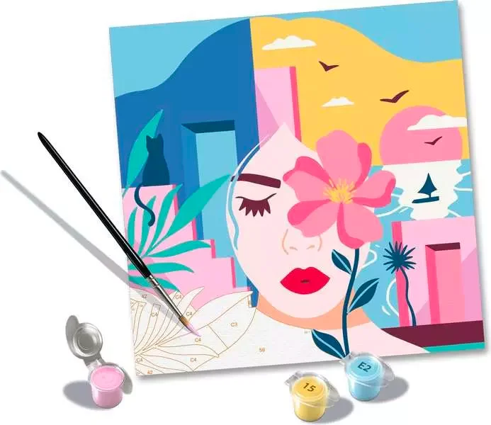 Kit de peinture par numéros Dreaming Woman, avec le tableau illustré et les pots de peinture