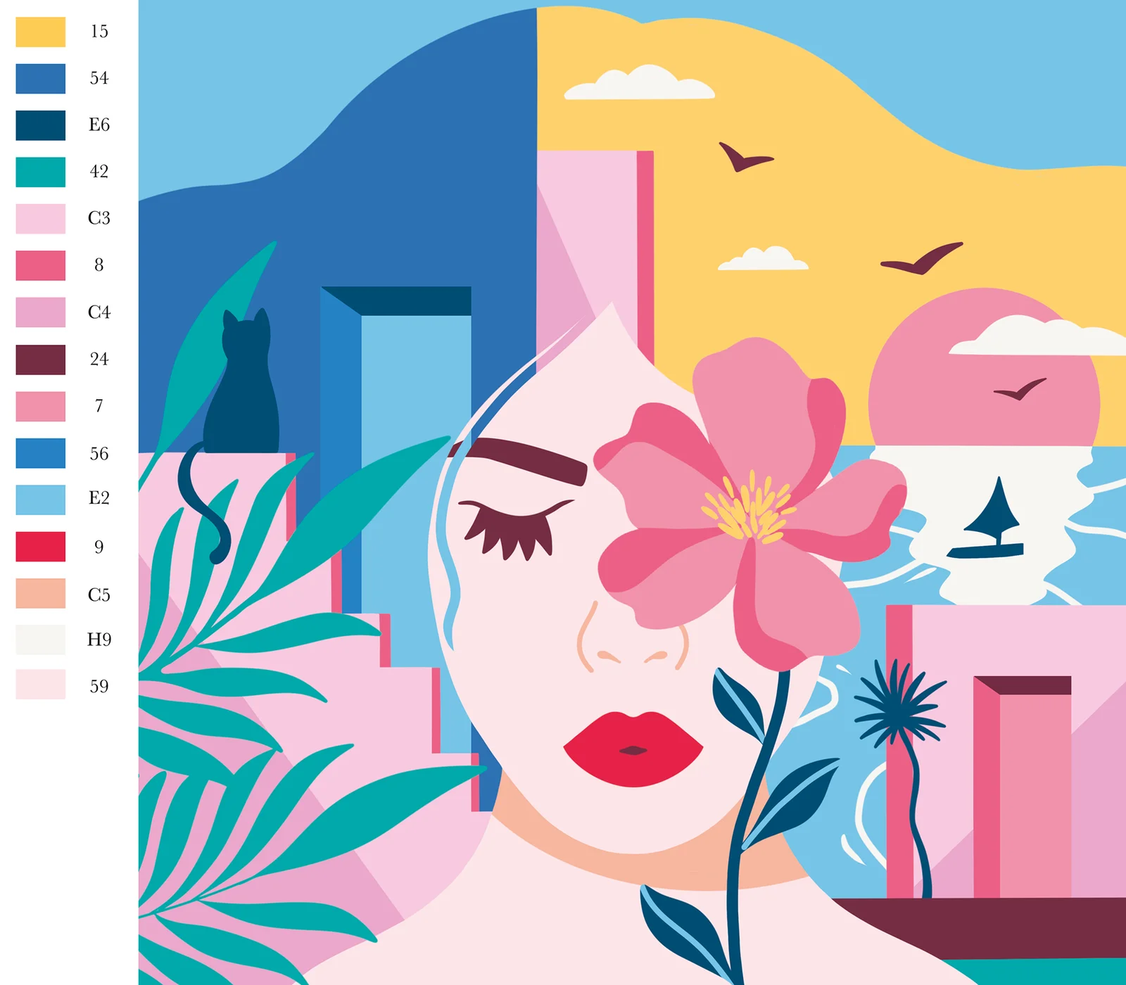 Illustration Dreaming Woman et palette de couleurs de la peinture par numéros