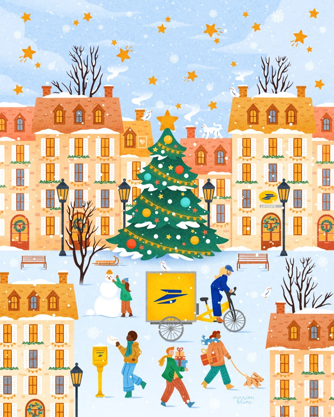 Illustration de Noël La Poste avec un facteur à vélo et un sapin