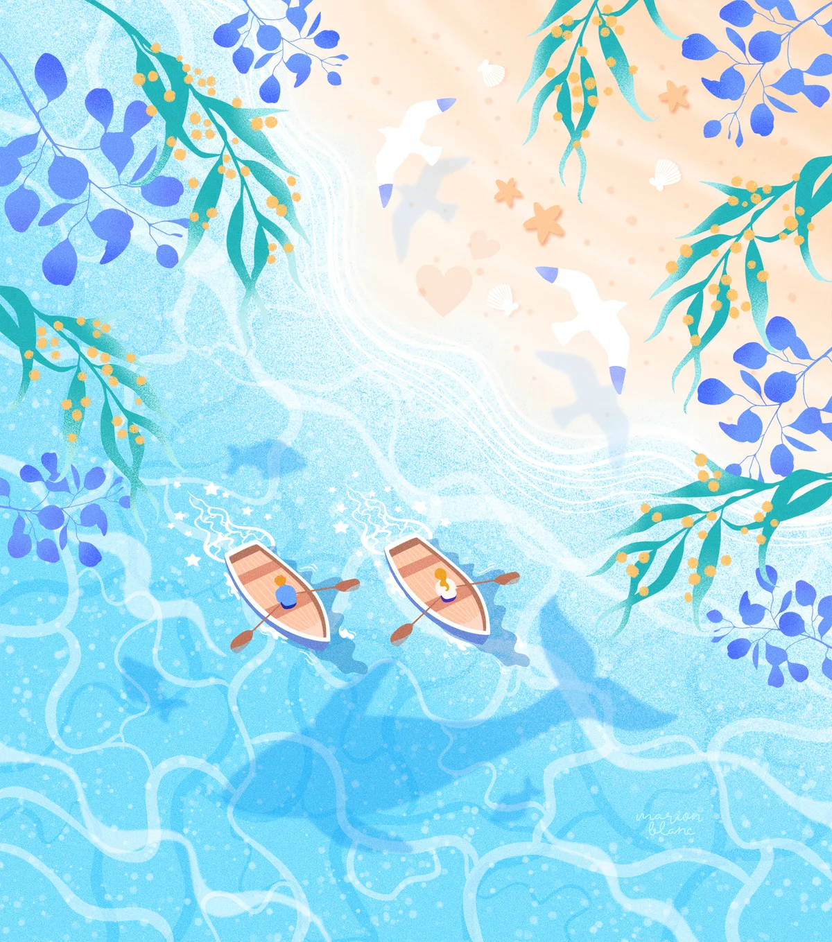 Deux barques sur une eau turquoise bordée de feuillages.
