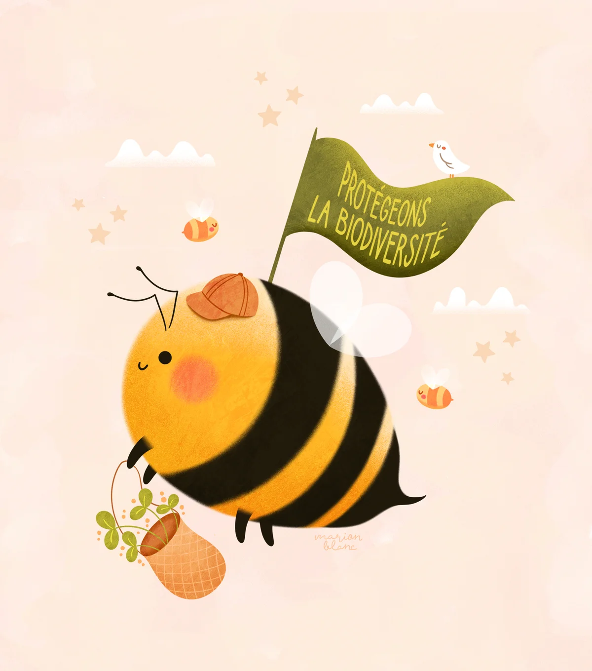 Une abeille porte un drapeau Protégeons la biodiversité.