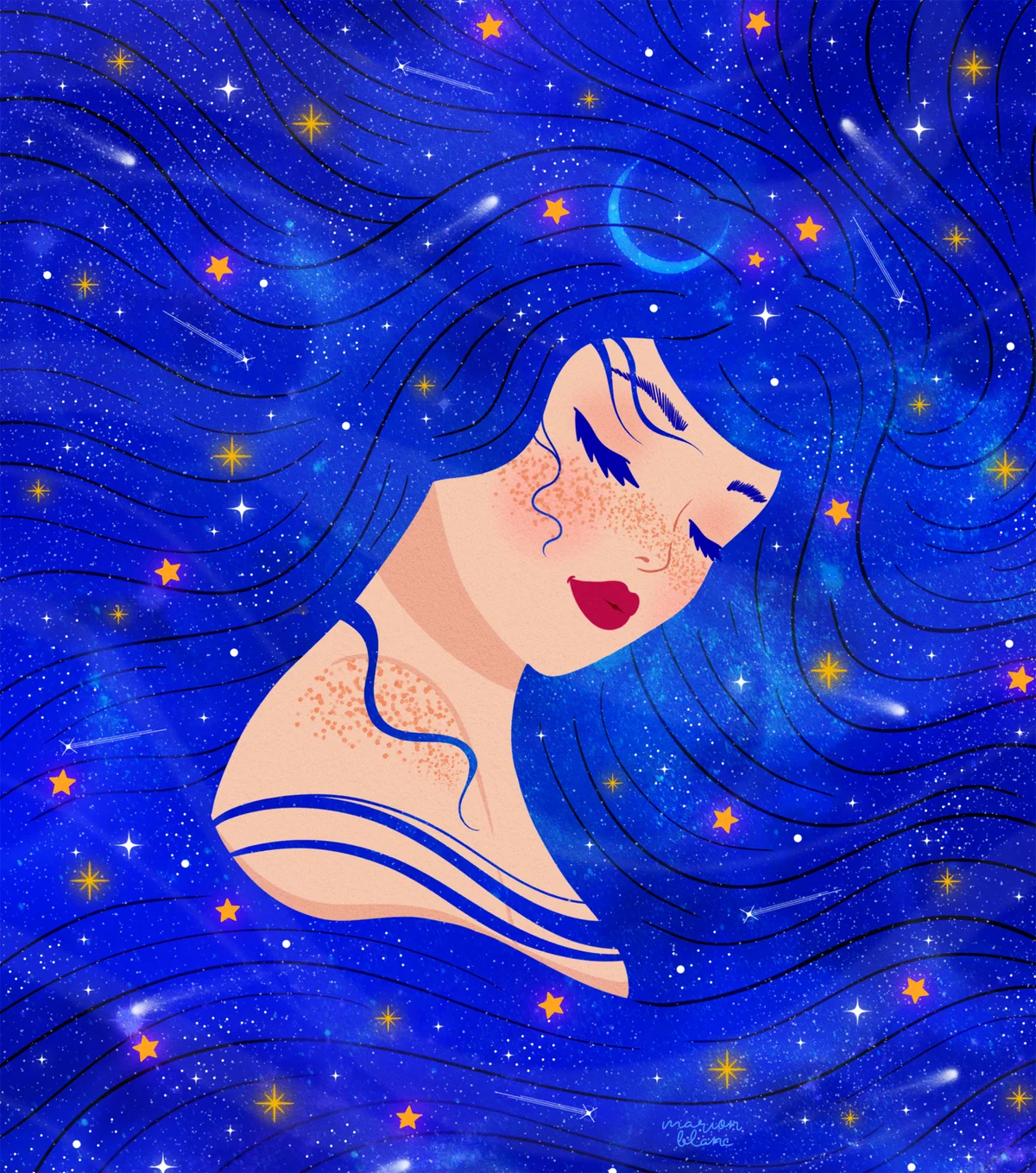 Une femme aux yeux fermés avec une chevelure bleue étoilée.