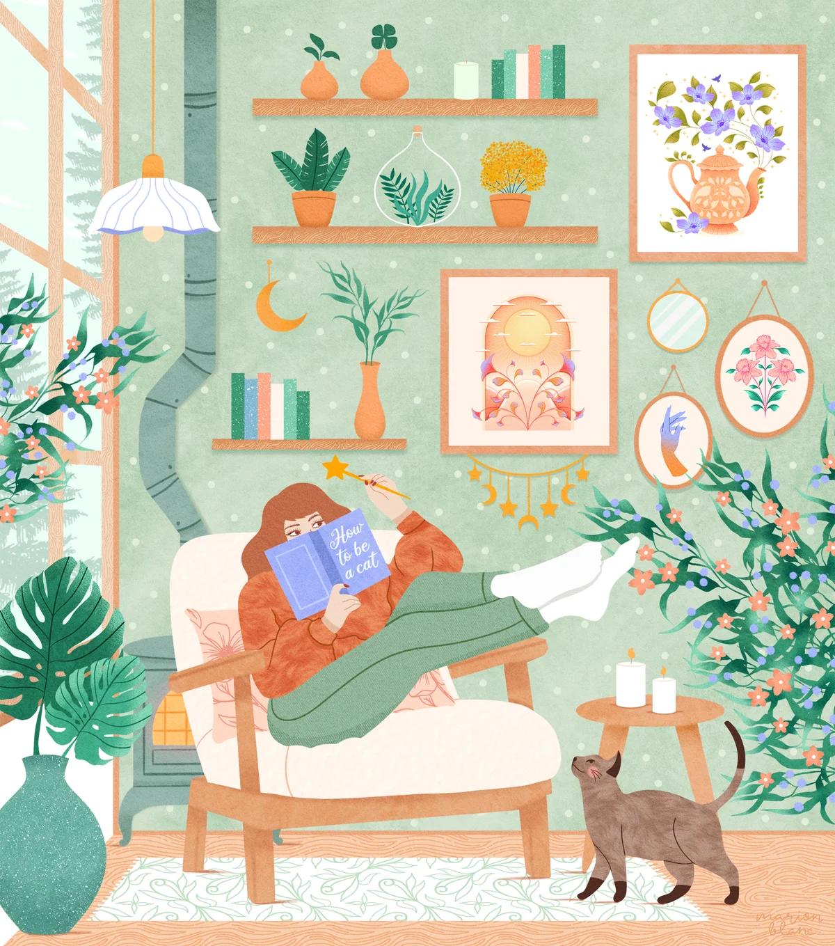 Une femme lit dans un fauteuil avec un chat à ses pieds.